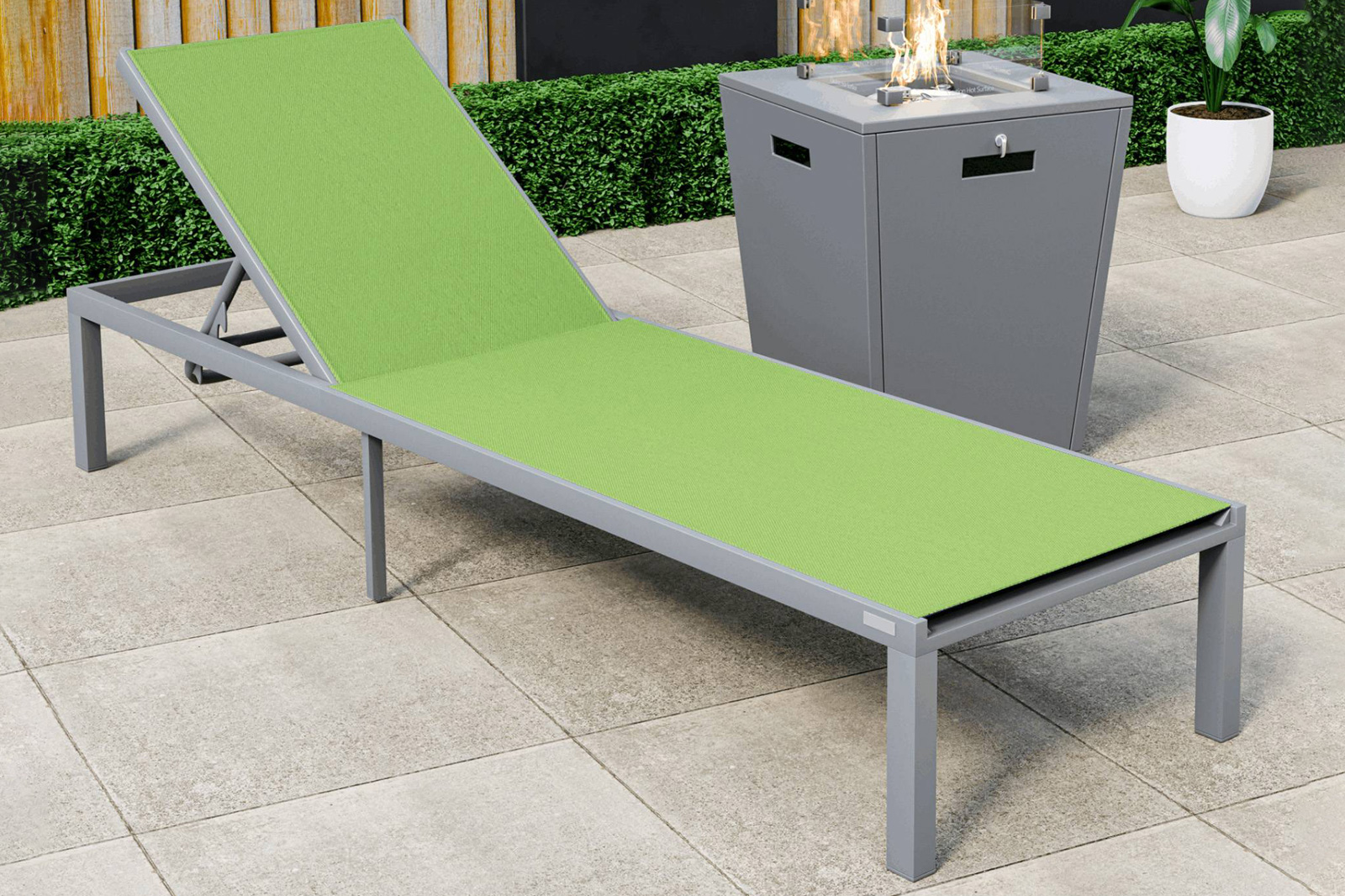 LeisureMod Marlin Modern Gray Aluminum Outdoor Patio Chaise Lounge Chair with Square Fire Pit Side Table - Green