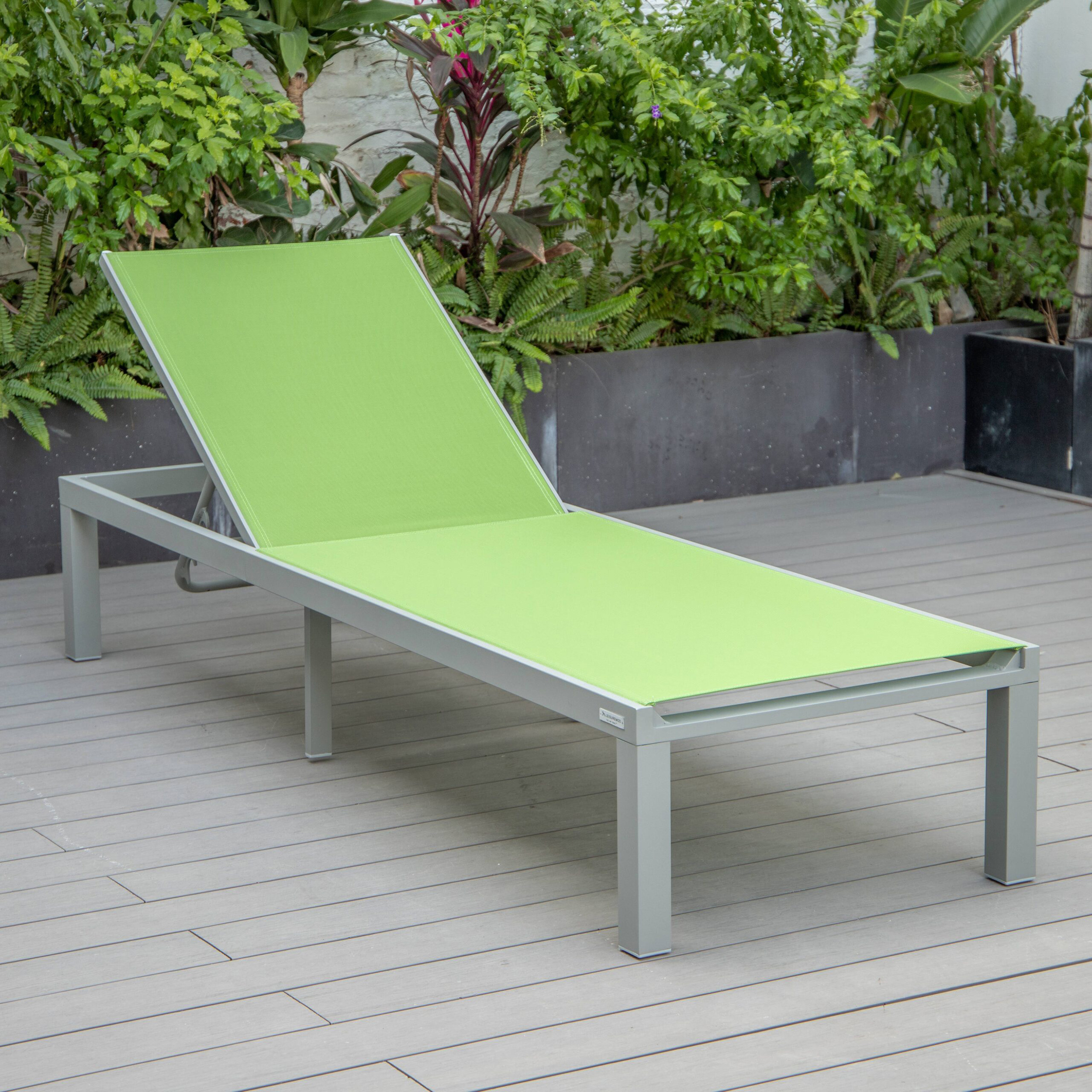 LeisureMod Marlin Modern Gray Aluminum Outdoor Patio Chaise Lounge Chair with Square Fire Pit Side Table - Green