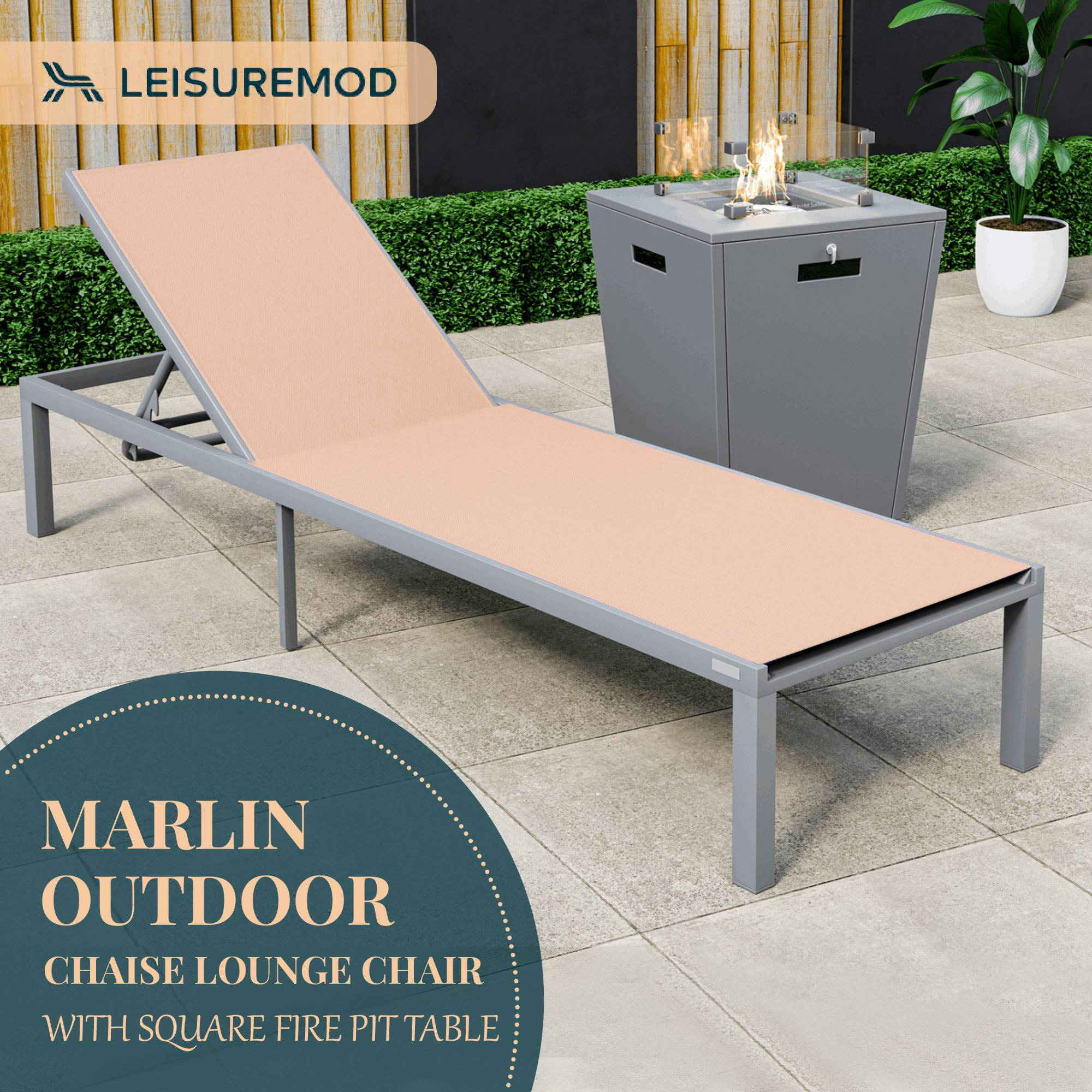 LeisureMod Marlin Modern Gray Aluminum Outdoor Patio Chaise Lounge Chair with Square Fire Pit Side Table - Light Brown