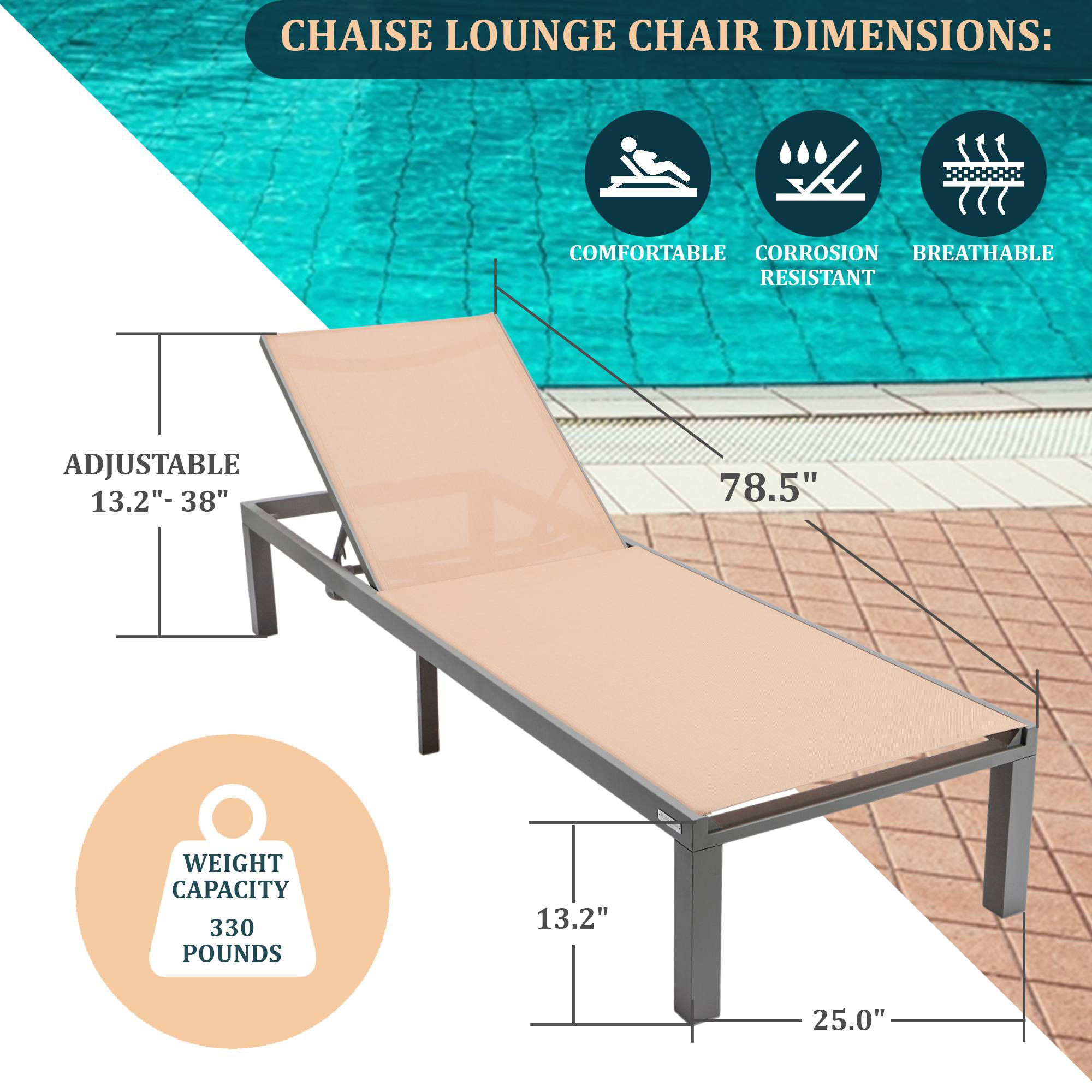 LeisureMod Marlin Modern Gray Aluminum Outdoor Patio Chaise Lounge Chair with Square Fire Pit Side Table - Light Brown