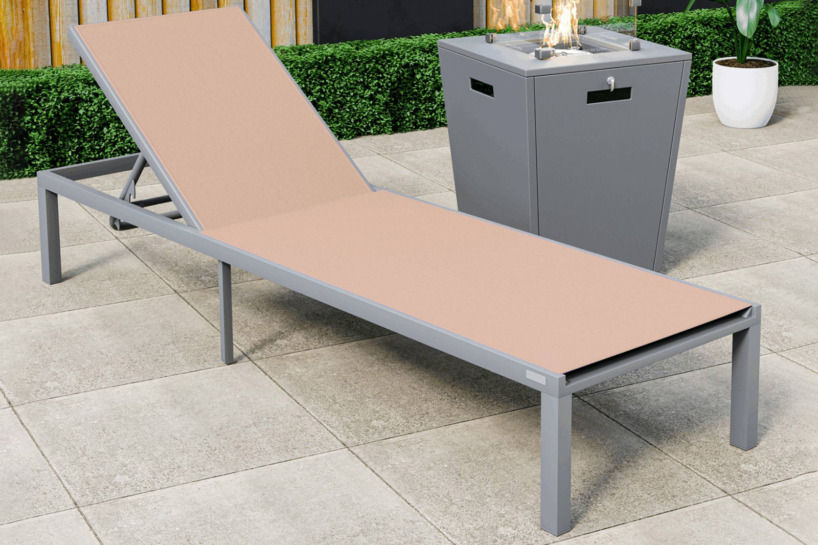 LeisureMod Marlin Modern Gray Aluminum Outdoor Patio Chaise Lounge Chair with Square Fire Pit Side Table - Light Brown