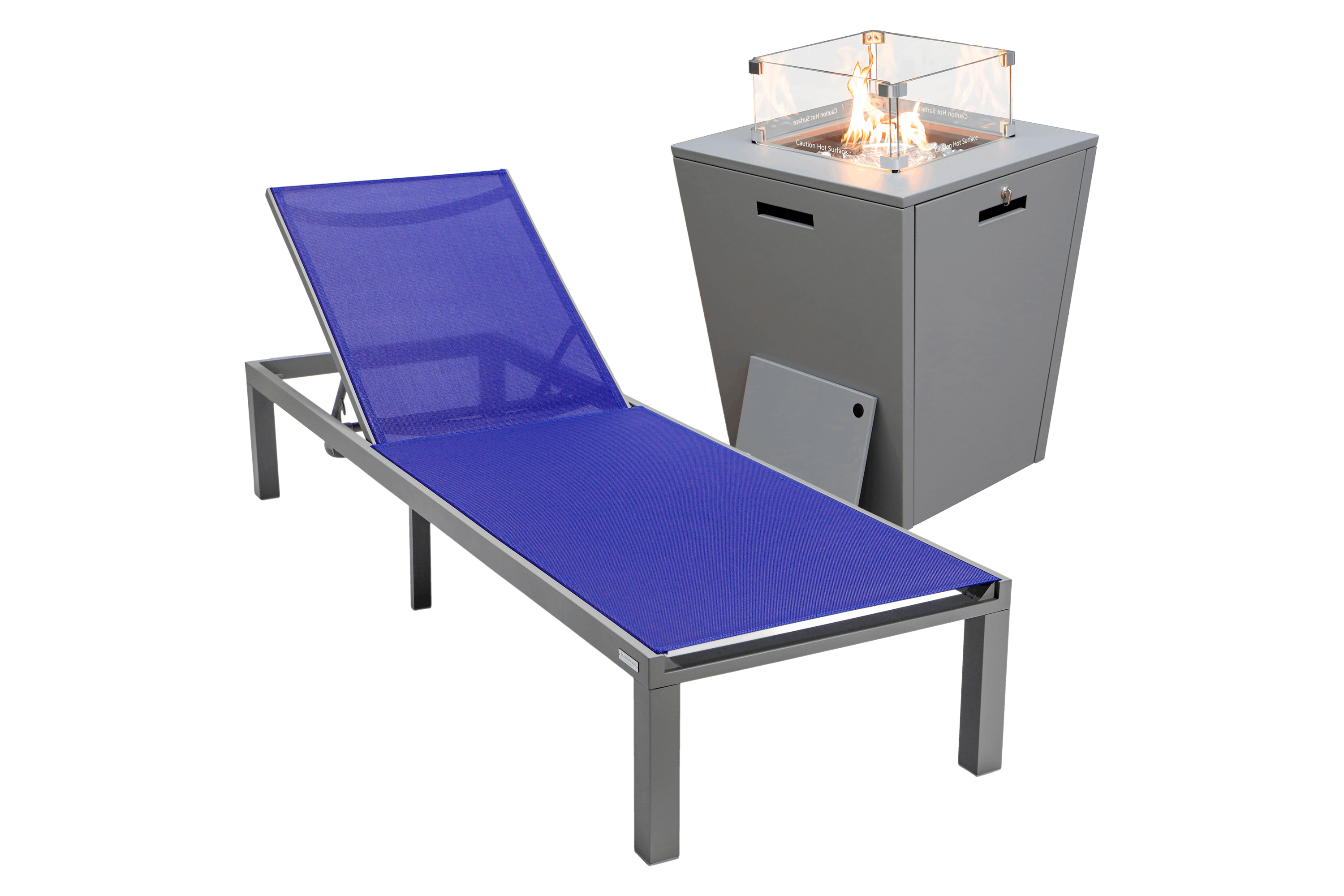 LeisureMod Marlin Modern Black Aluminum Outdoor Patio Chaise Lounge Chair with Square Fire Pit Side Table