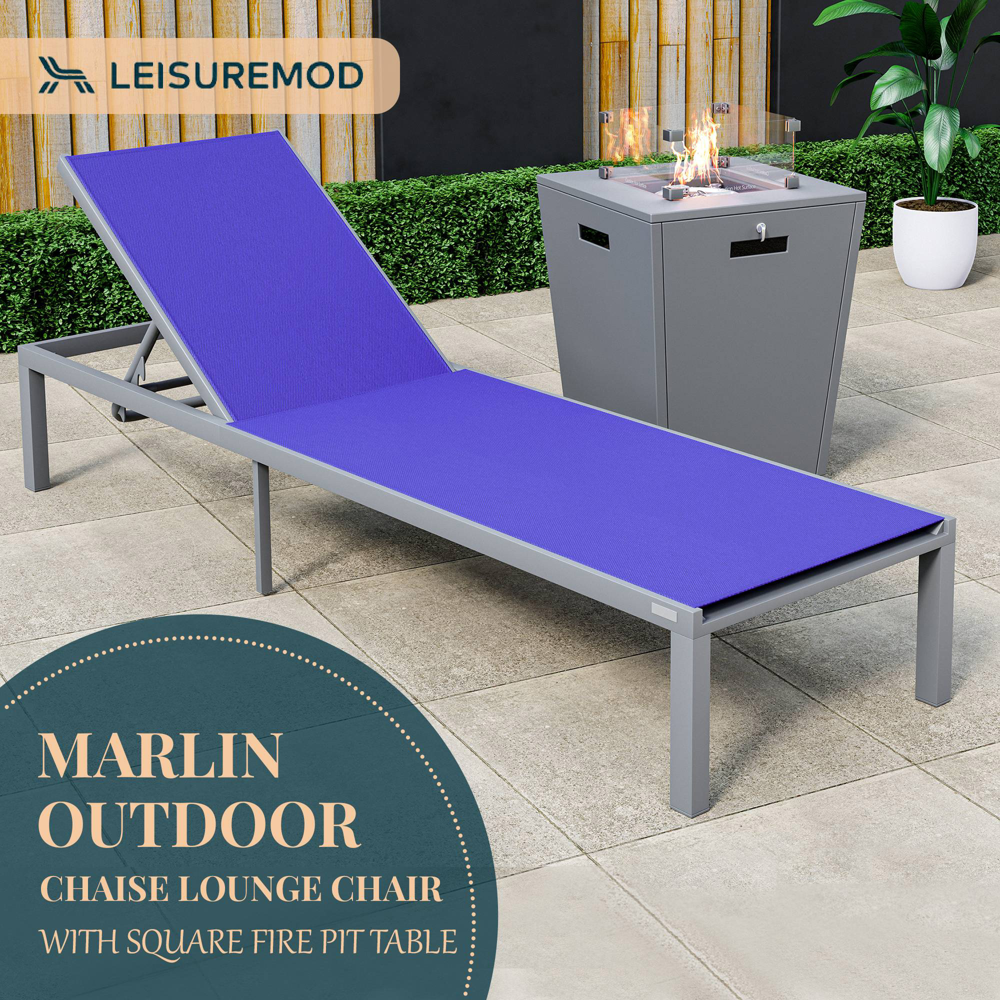 LeisureMod Marlin Modern Gray Aluminum Outdoor Patio Chaise Lounge Chair with Square Fire Pit Side Table - Navy Blue