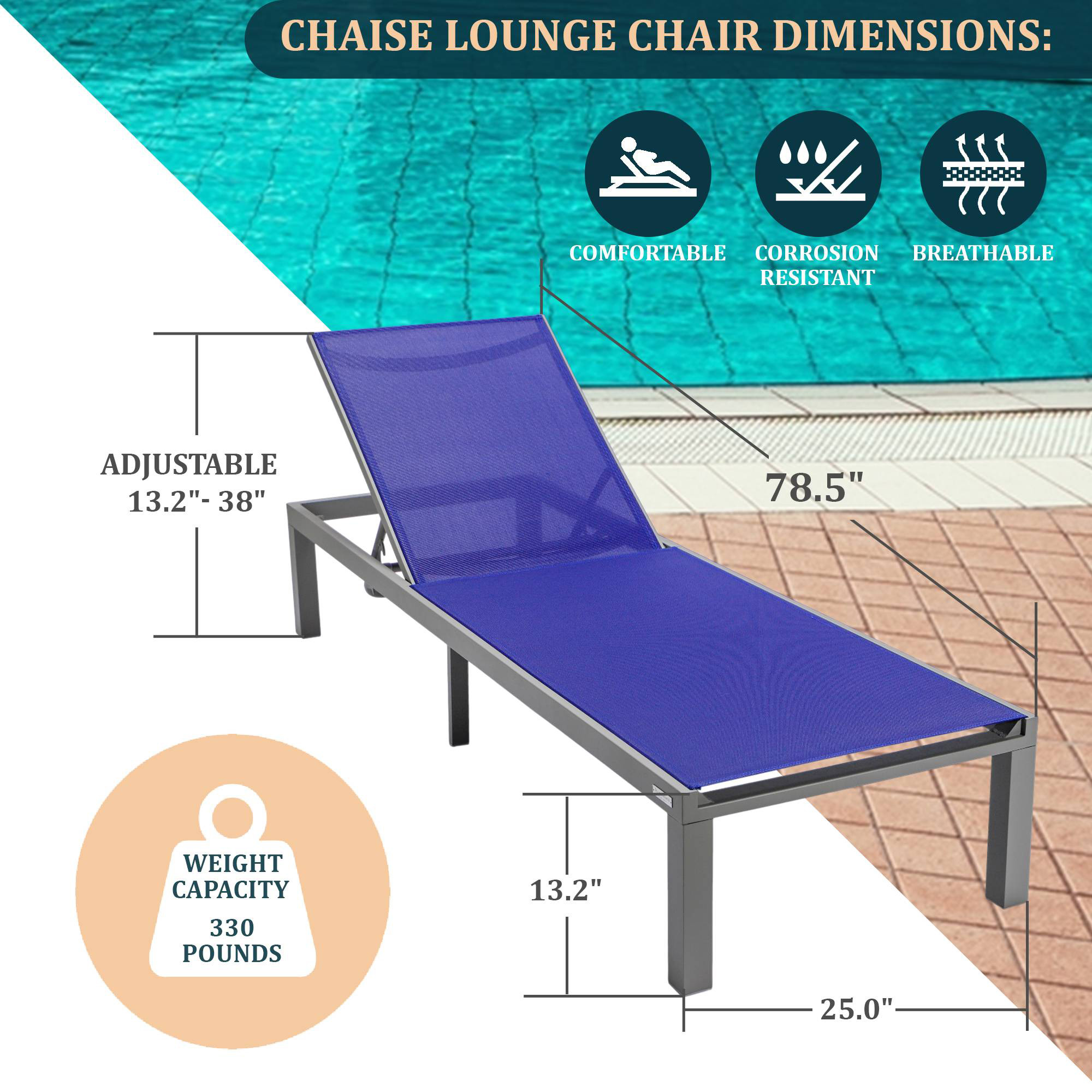 LeisureMod Marlin Modern Gray Aluminum Outdoor Patio Chaise Lounge Chair with Square Fire Pit Side Table - Navy Blue