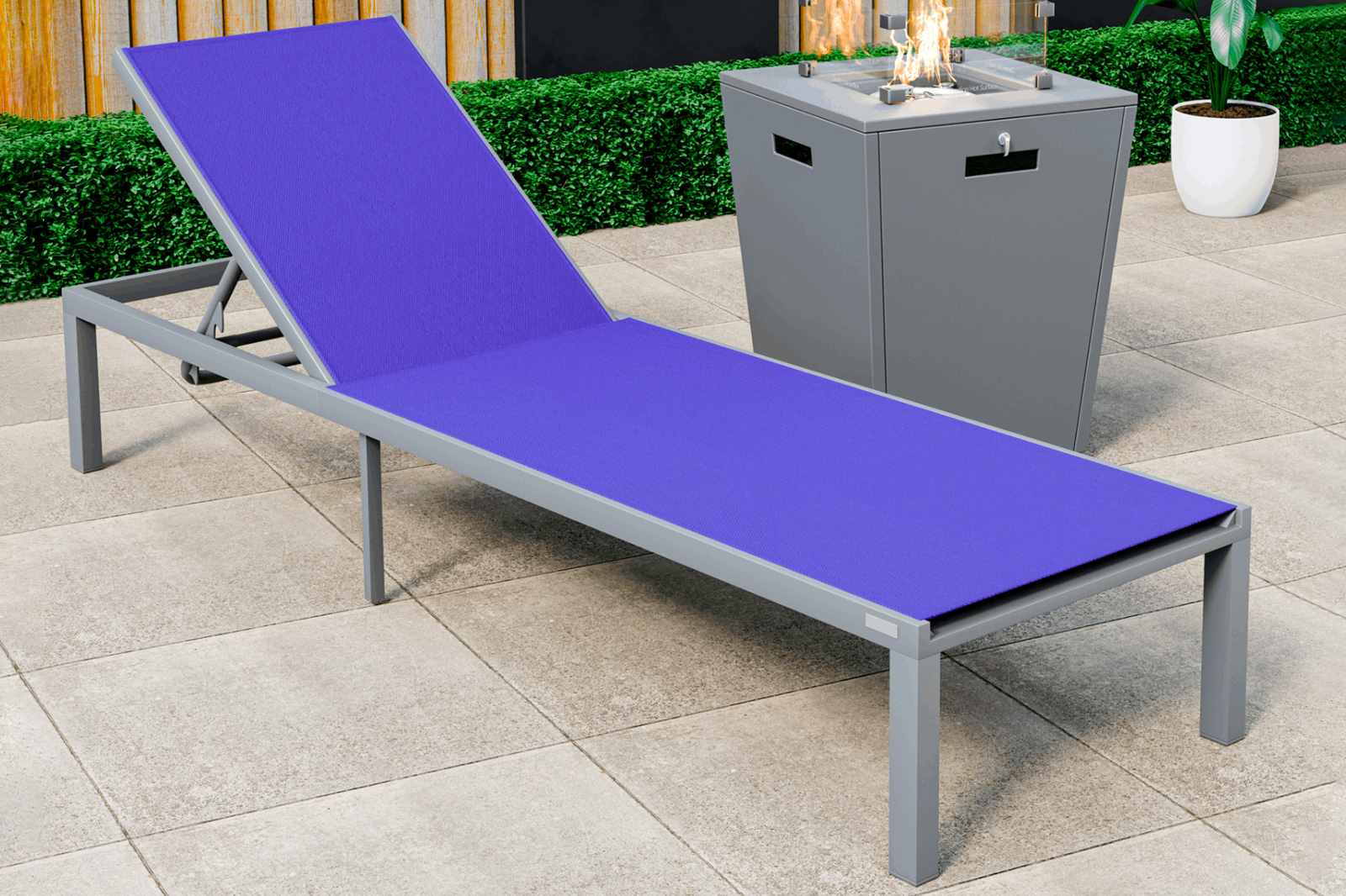 LeisureMod Marlin Modern Gray Aluminum Outdoor Patio Chaise Lounge Chair with Square Fire Pit Side Table - Navy Blue