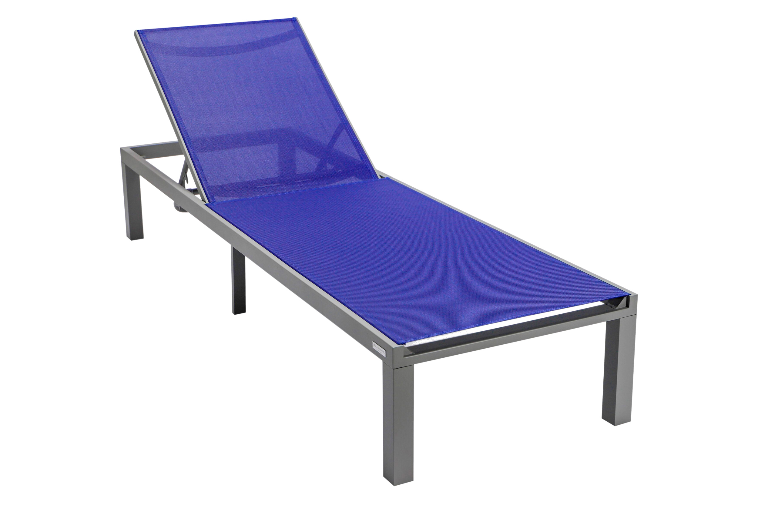 LeisureMod Marlin Modern Gray Aluminum Outdoor Patio Chaise Lounge Chair with Square Fire Pit Side Table - Navy Blue