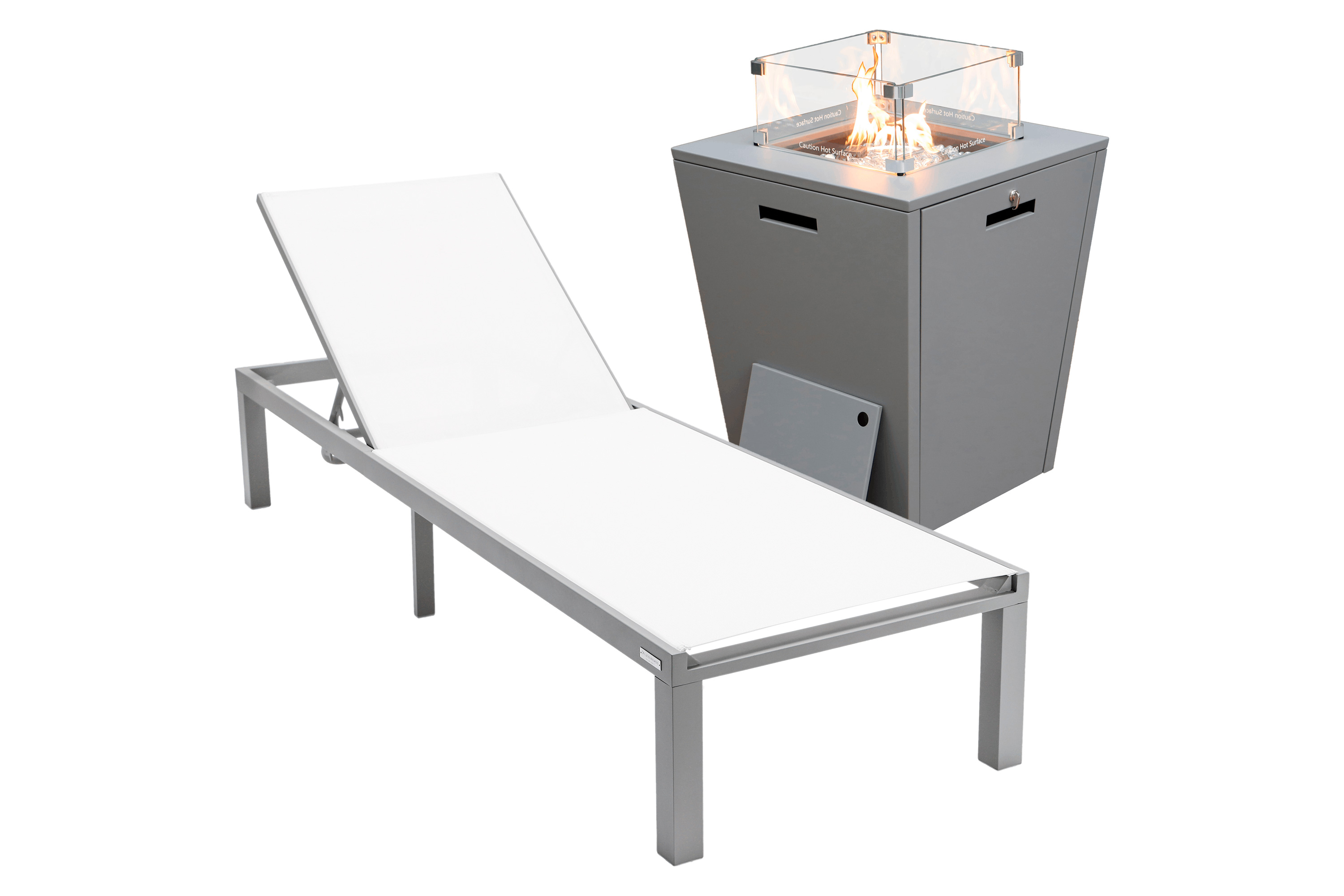 LeisureMod Marlin Modern Black Aluminum Outdoor Patio Chaise Lounge Chair with Square Fire Pit Side Table