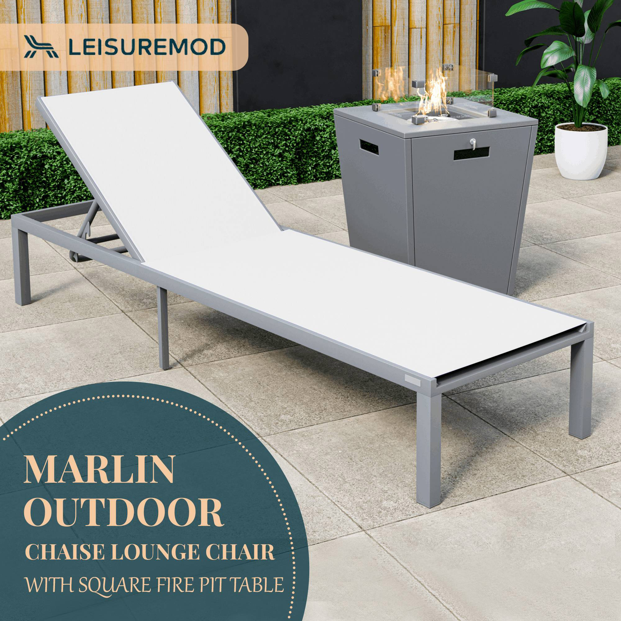 LeisureMod Marlin Modern Gray Aluminum Outdoor Patio Chaise Lounge Chair with Square Fire Pit Side Table - White