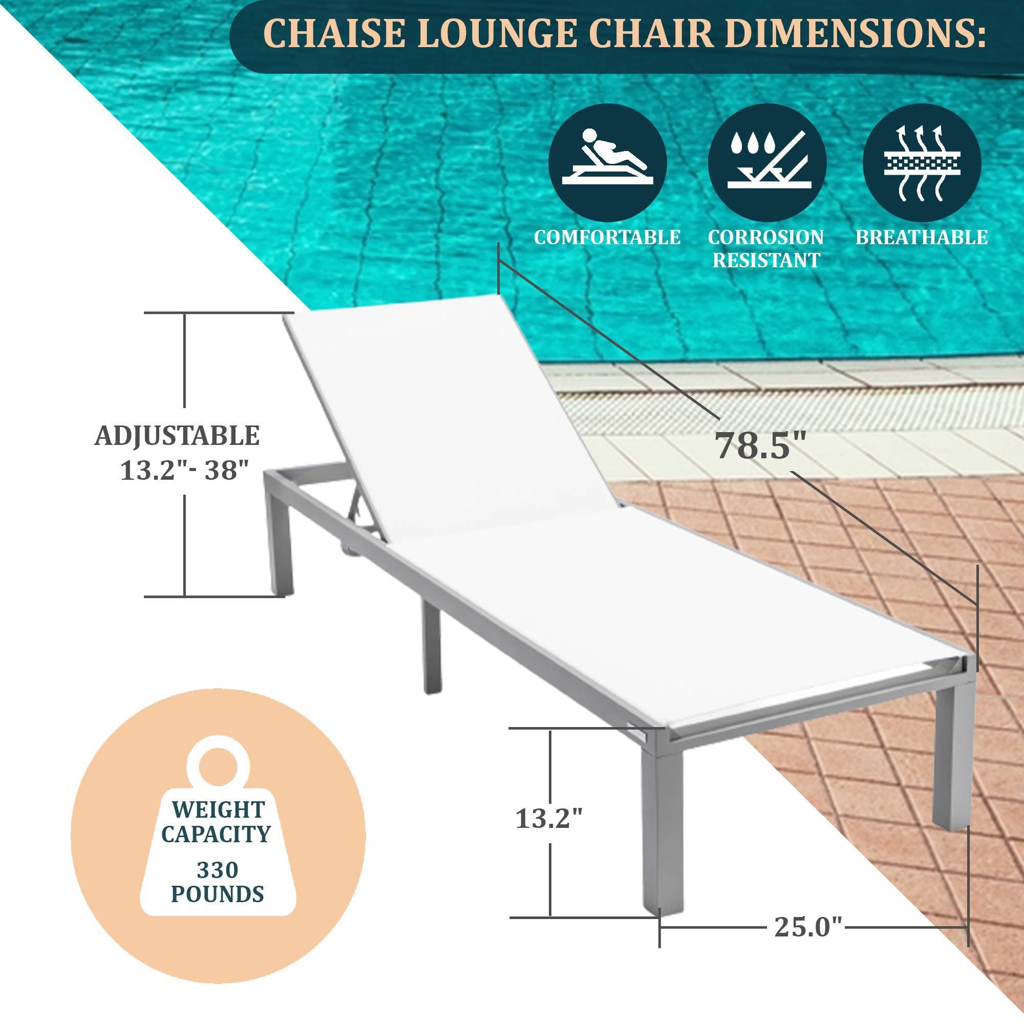 LeisureMod Marlin Modern Gray Aluminum Outdoor Patio Chaise Lounge Chair with Square Fire Pit Side Table - White