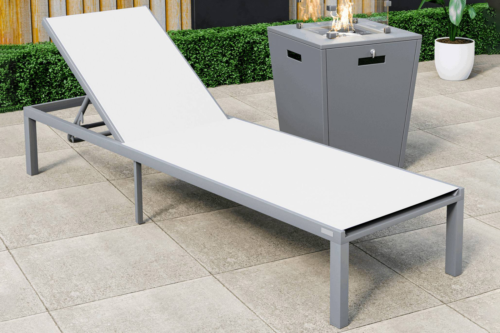 LeisureMod Marlin Modern Gray Aluminum Outdoor Patio Chaise Lounge Chair with Square Fire Pit Side Table - White