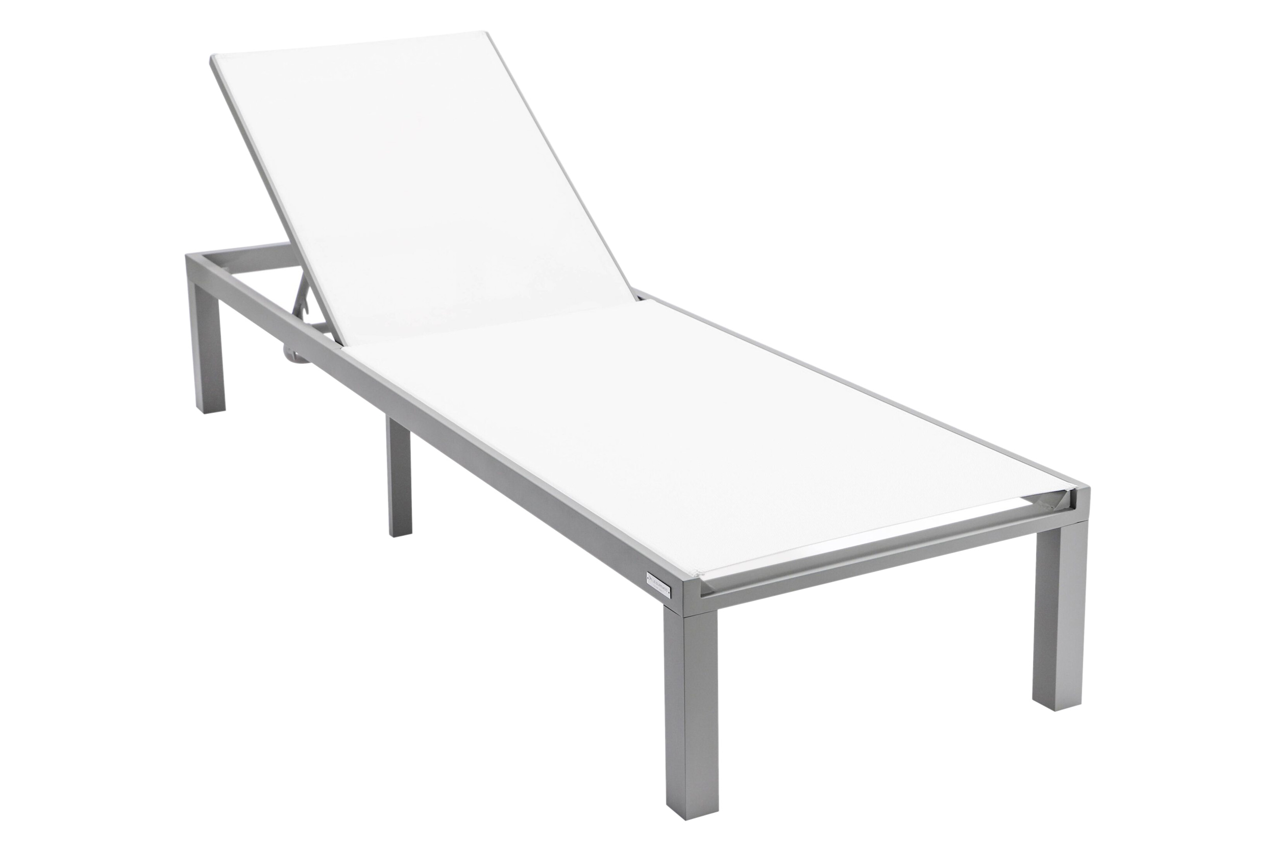 LeisureMod Marlin Modern Gray Aluminum Outdoor Patio Chaise Lounge Chair with Square Fire Pit Side Table - White