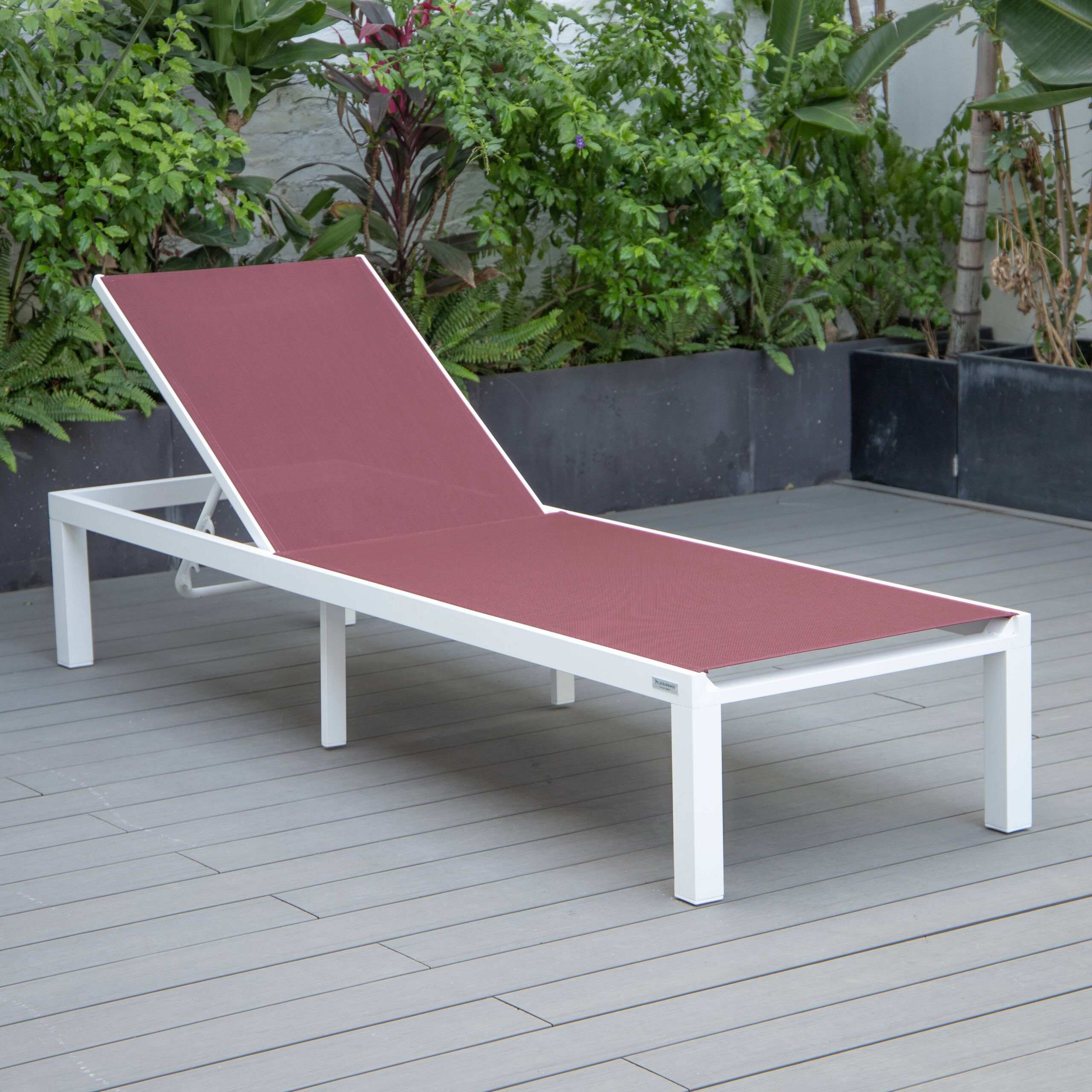 LeisureMod Marlin Patio Chaise Lounge Chair With White Aluminum Frame - Burgundy