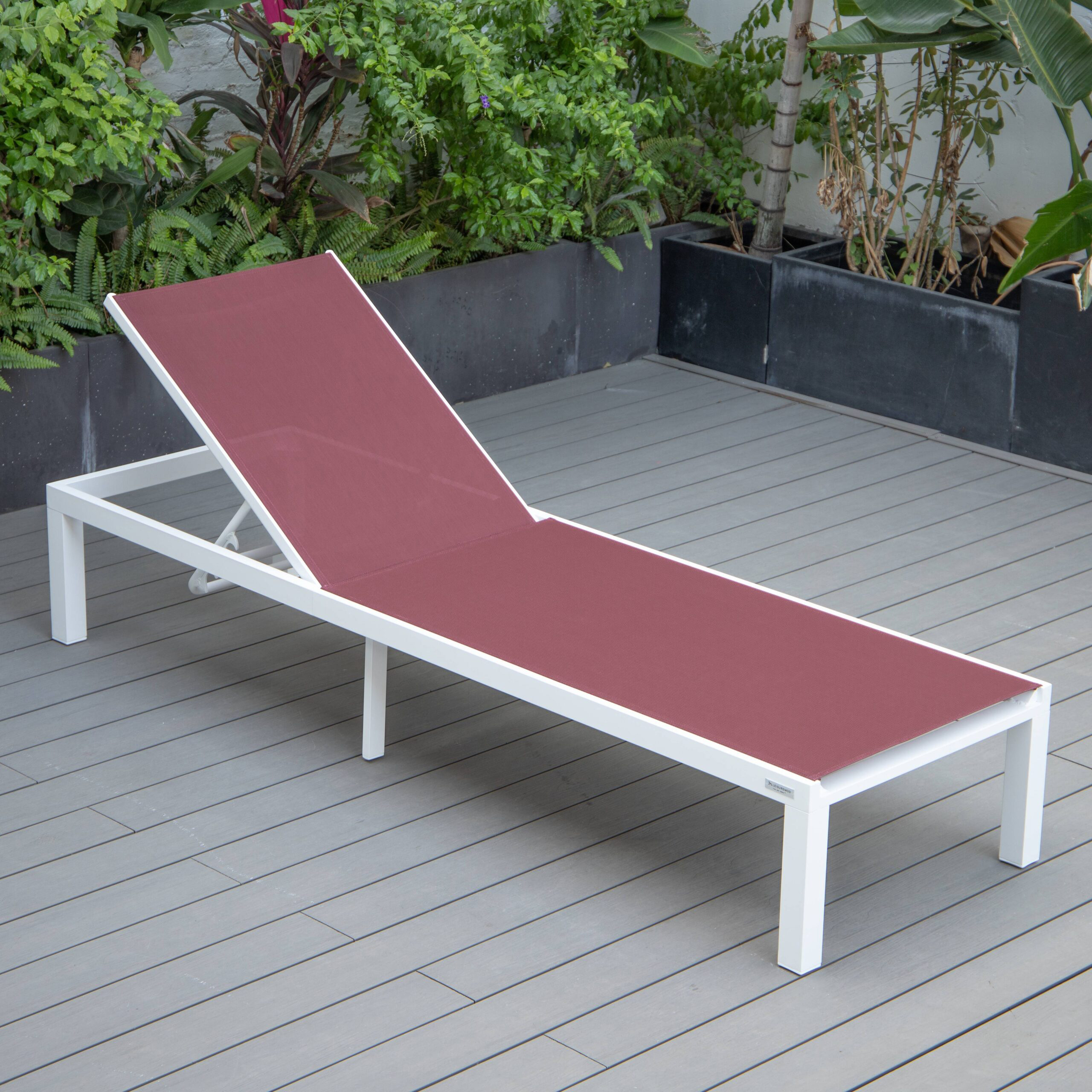 LeisureMod Marlin Patio Chaise Lounge Chair With White Aluminum Frame - Burgundy