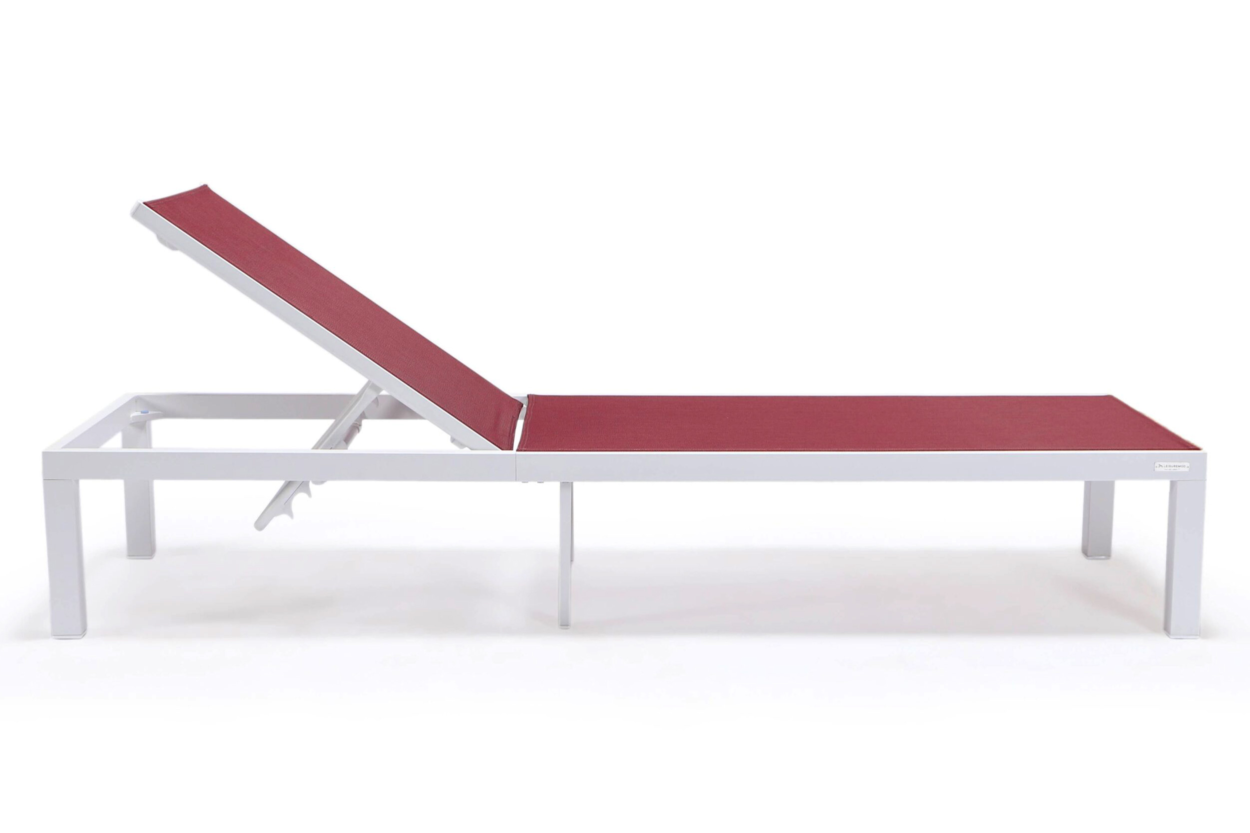 LeisureMod Marlin Patio Chaise Lounge Chair With White Aluminum Frame - Burgundy