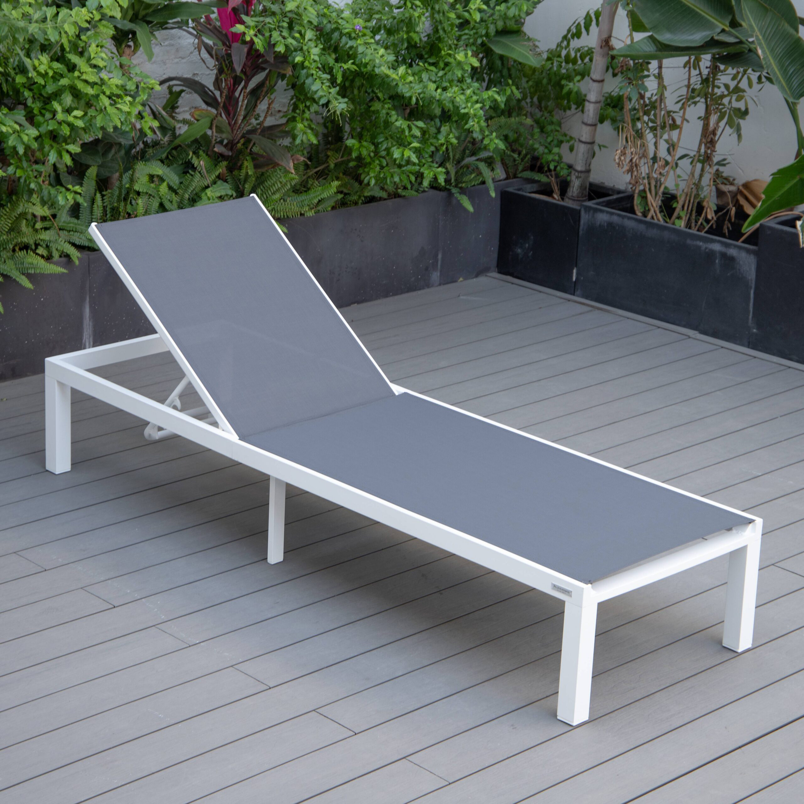 LeisureMod Marlin Patio Chaise Lounge Chair With White Aluminum Frame - Dark Gray