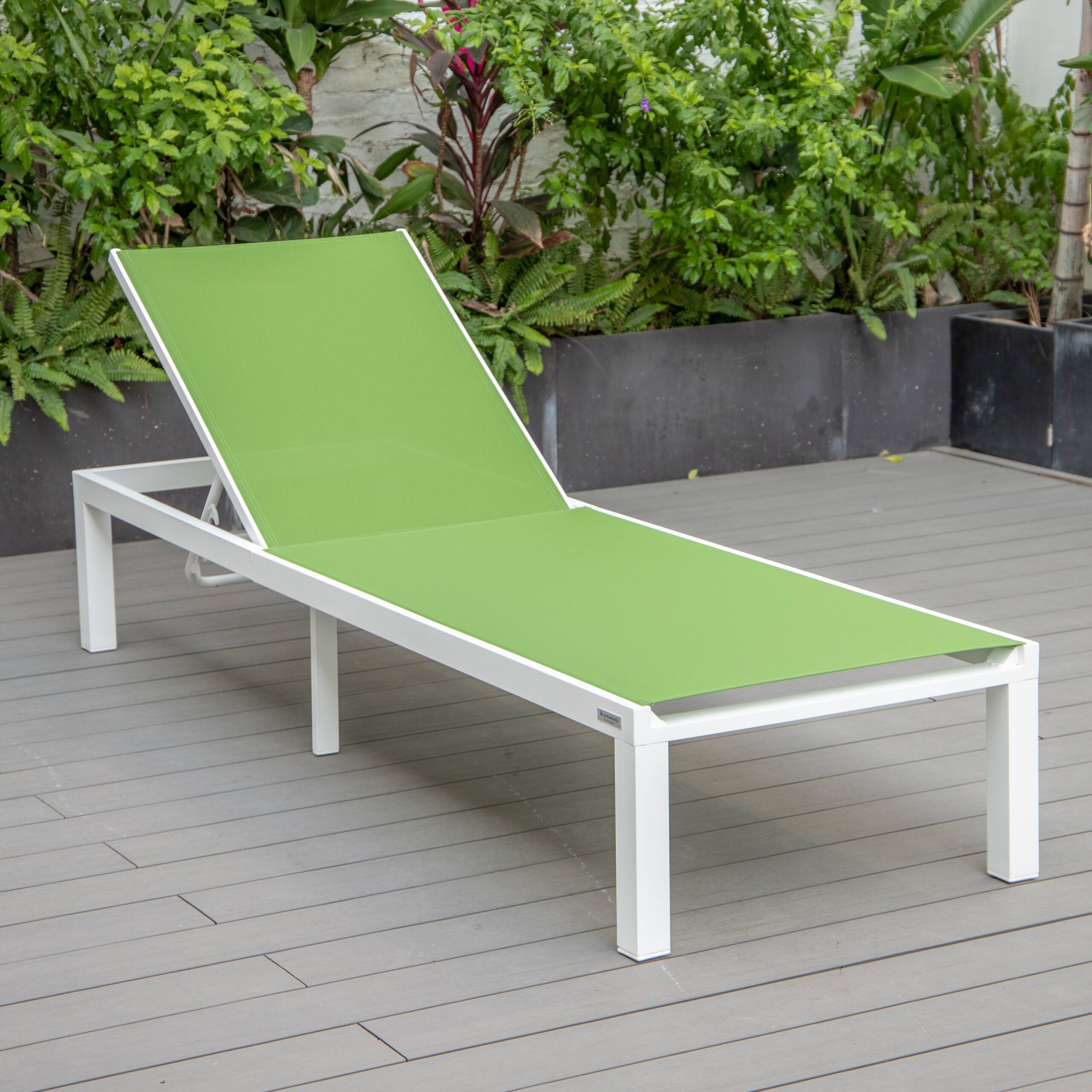 LeisureMod Marlin Patio Chaise Lounge Chair With White Aluminum Frame - Green