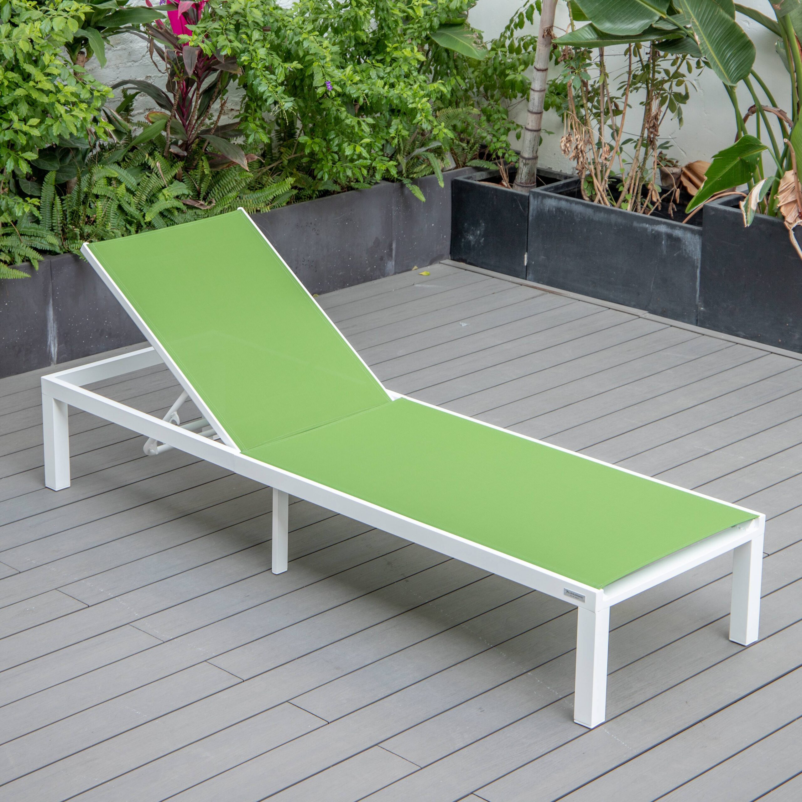 LeisureMod Marlin Patio Chaise Lounge Chair With White Aluminum Frame - Green