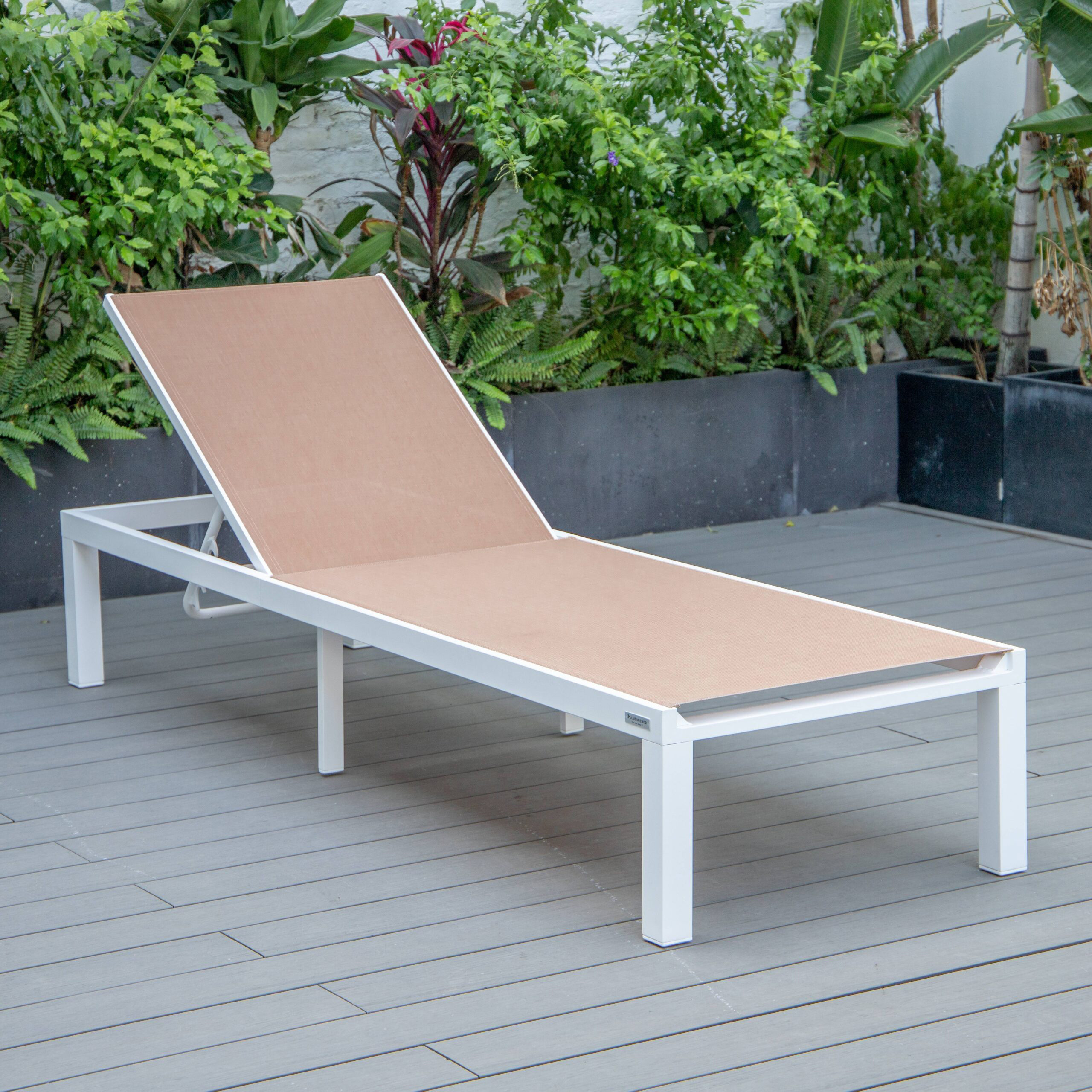 LeisureMod Marlin Patio Chaise Lounge Chair With White Aluminum Frame - Light Brown