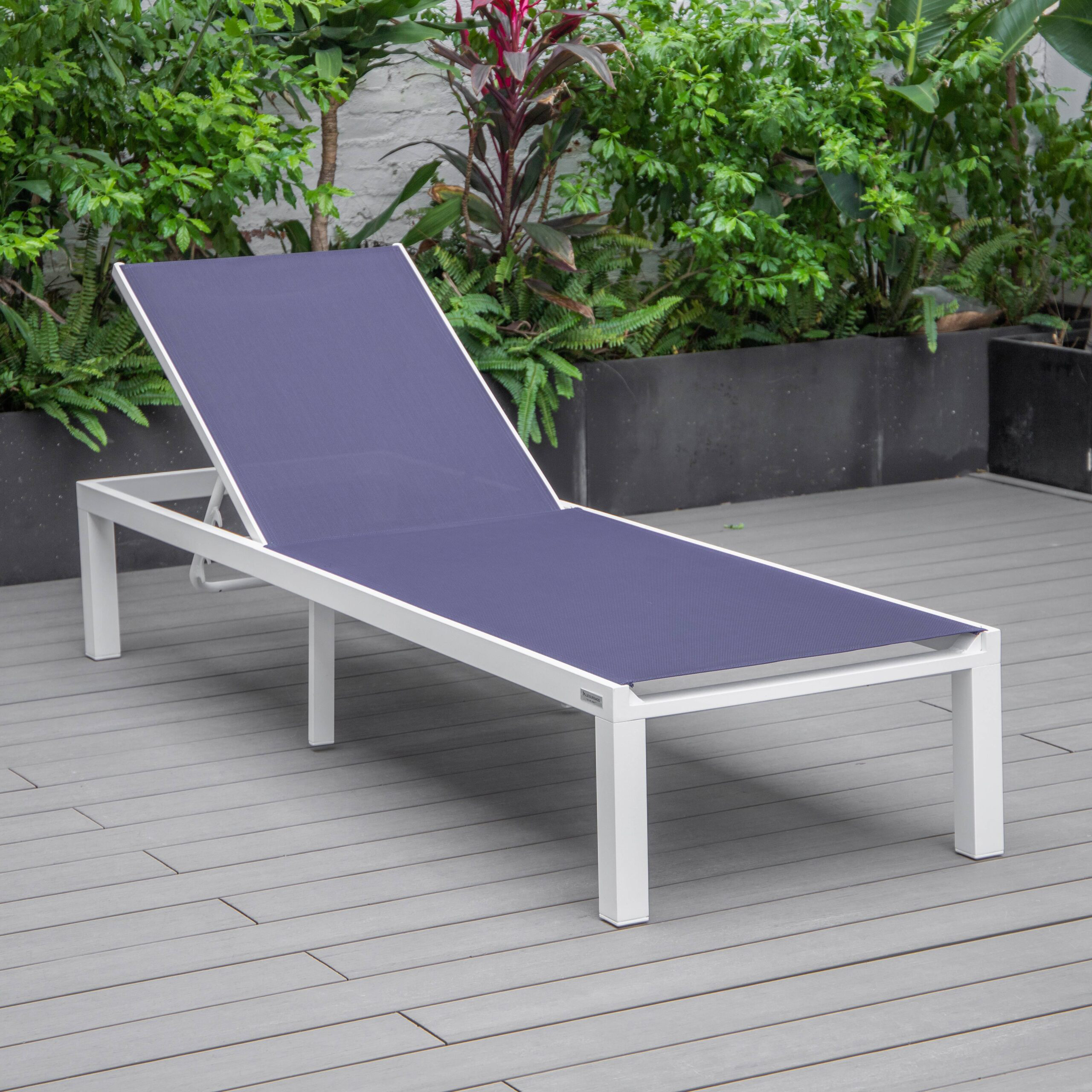 LeisureMod Marlin Patio Chaise Lounge Chair With White Aluminum Frame - Navy Blue