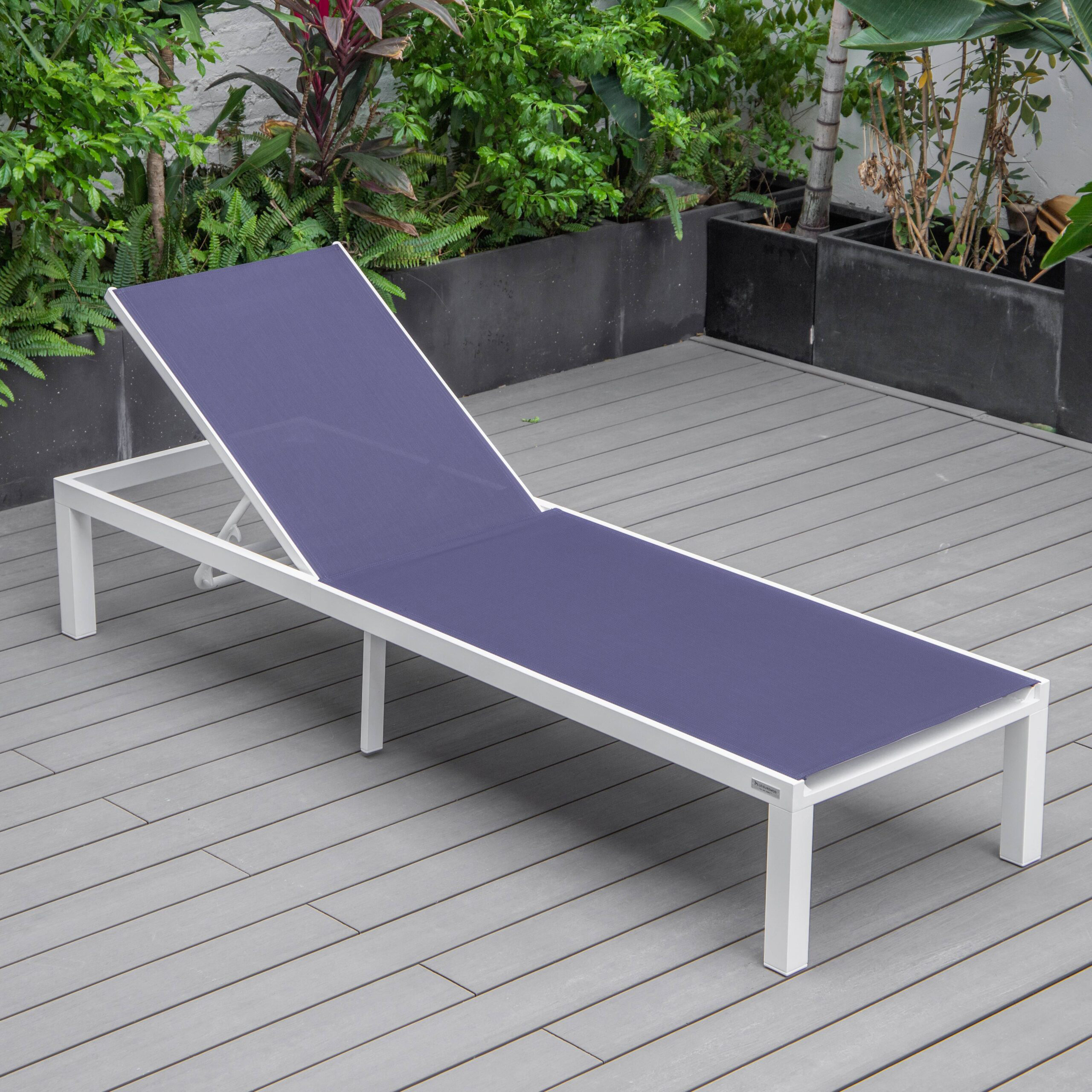 LeisureMod Marlin Patio Chaise Lounge Chair With White Aluminum Frame - Navy Blue