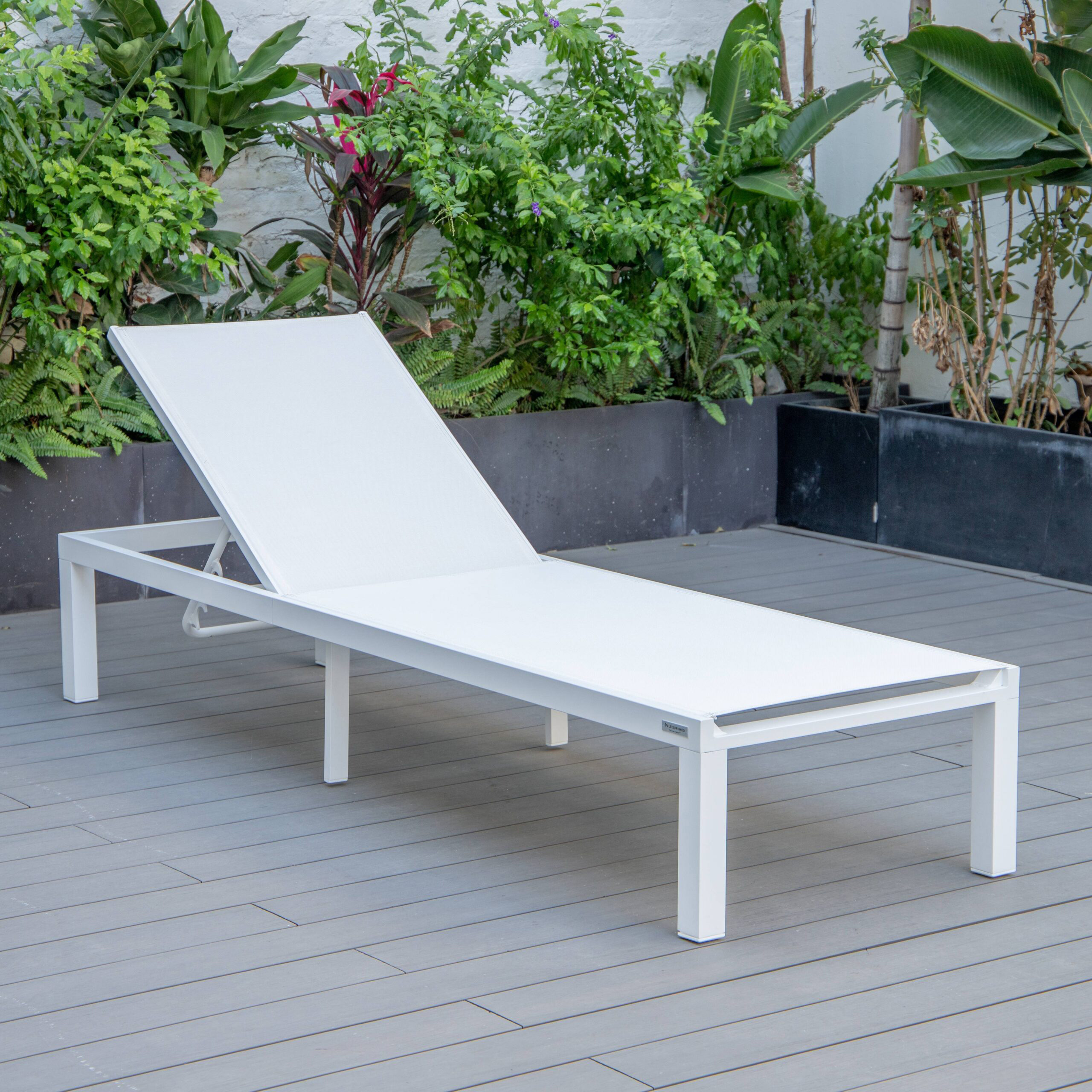 LeisureMod Marlin Patio Chaise Lounge Chair With White Aluminum Frame - White