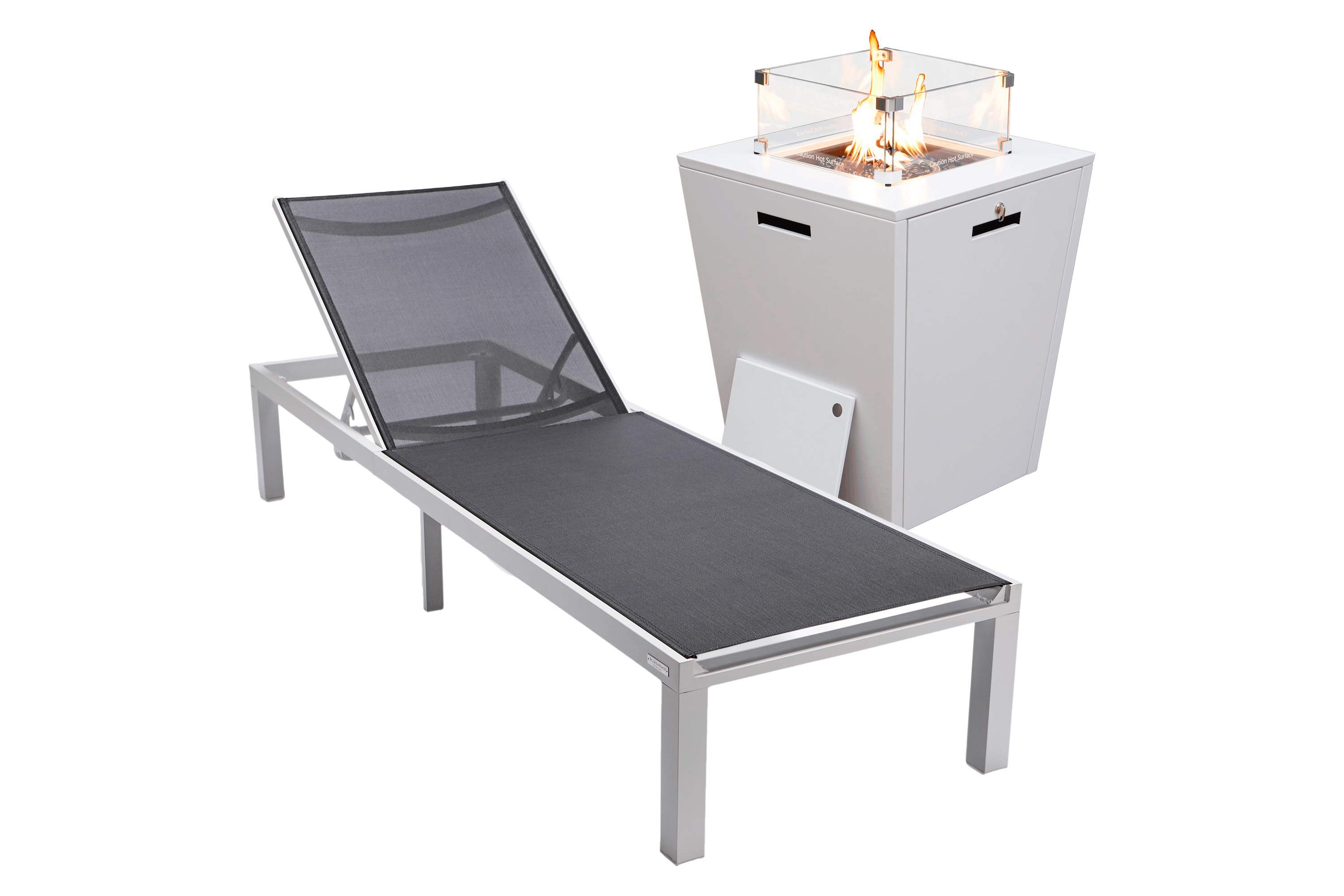 LeisureMod Marlin Modern Black Aluminum Outdoor Patio Chaise Lounge Chair with Square Fire Pit Side Table