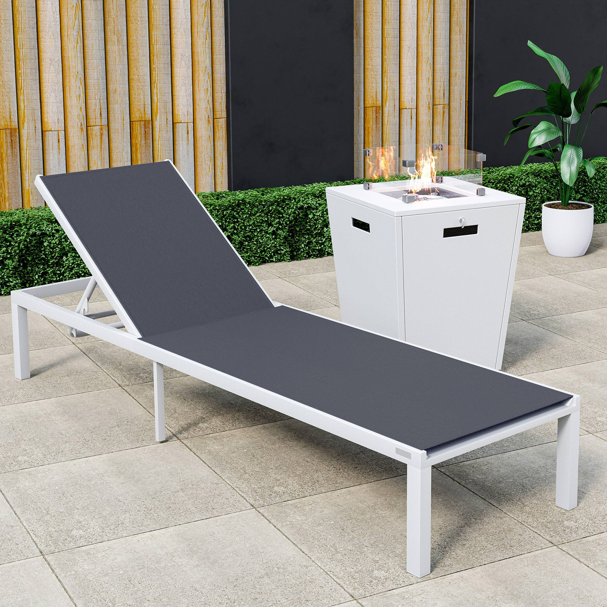 LeisureMod Marlin Modern White Aluminum Outdoor Patio Chaise Lounge Chair with Square Fire Pit Side Table - Black