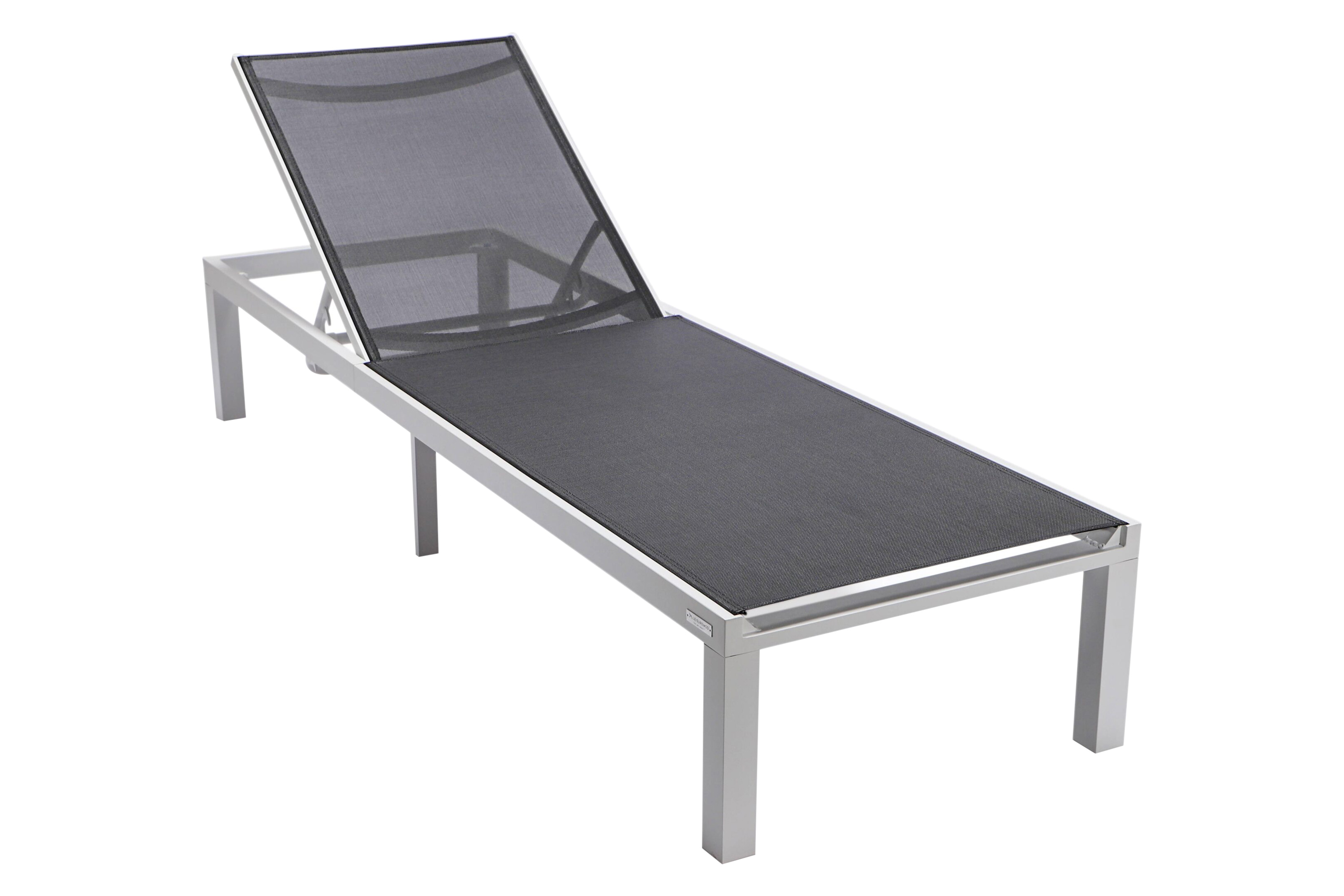 LeisureMod Marlin Modern White Aluminum Outdoor Patio Chaise Lounge Chair with Square Fire Pit Side Table - Black