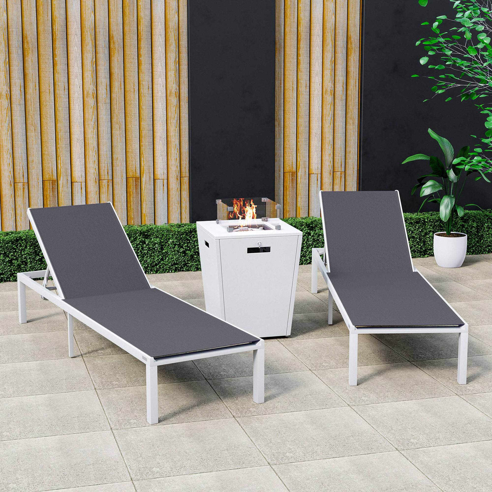 LeisureMod Marlin Modern White Aluminum Outdoor Chaise Lounge Chair With Square Fire Pit Side Table Set of 2 - Black