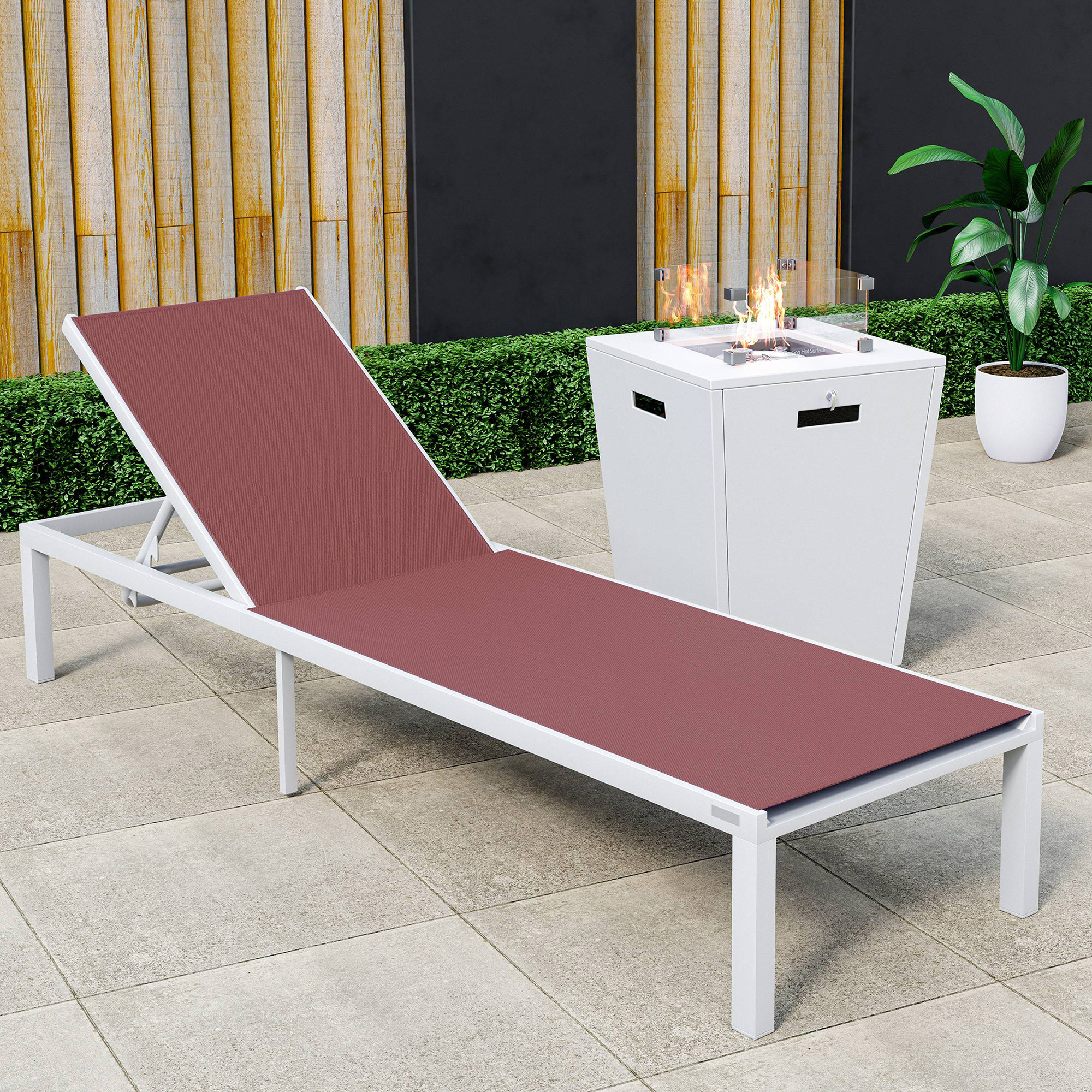 LeisureMod Marlin Modern White Aluminum Outdoor Patio Chaise Lounge Chair with Square Fire Pit Side Table - Burgundy