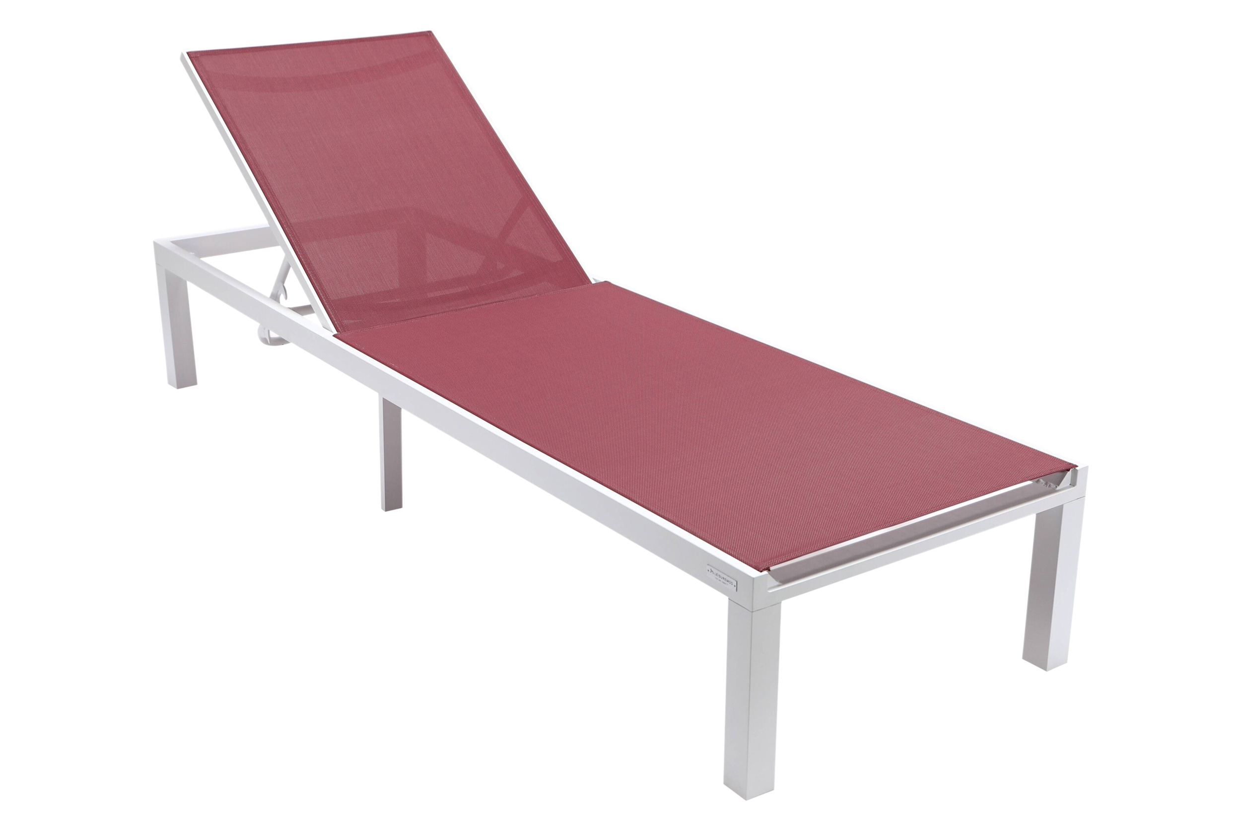 LeisureMod Marlin Modern White Aluminum Outdoor Patio Chaise Lounge Chair with Square Fire Pit Side Table - Burgundy