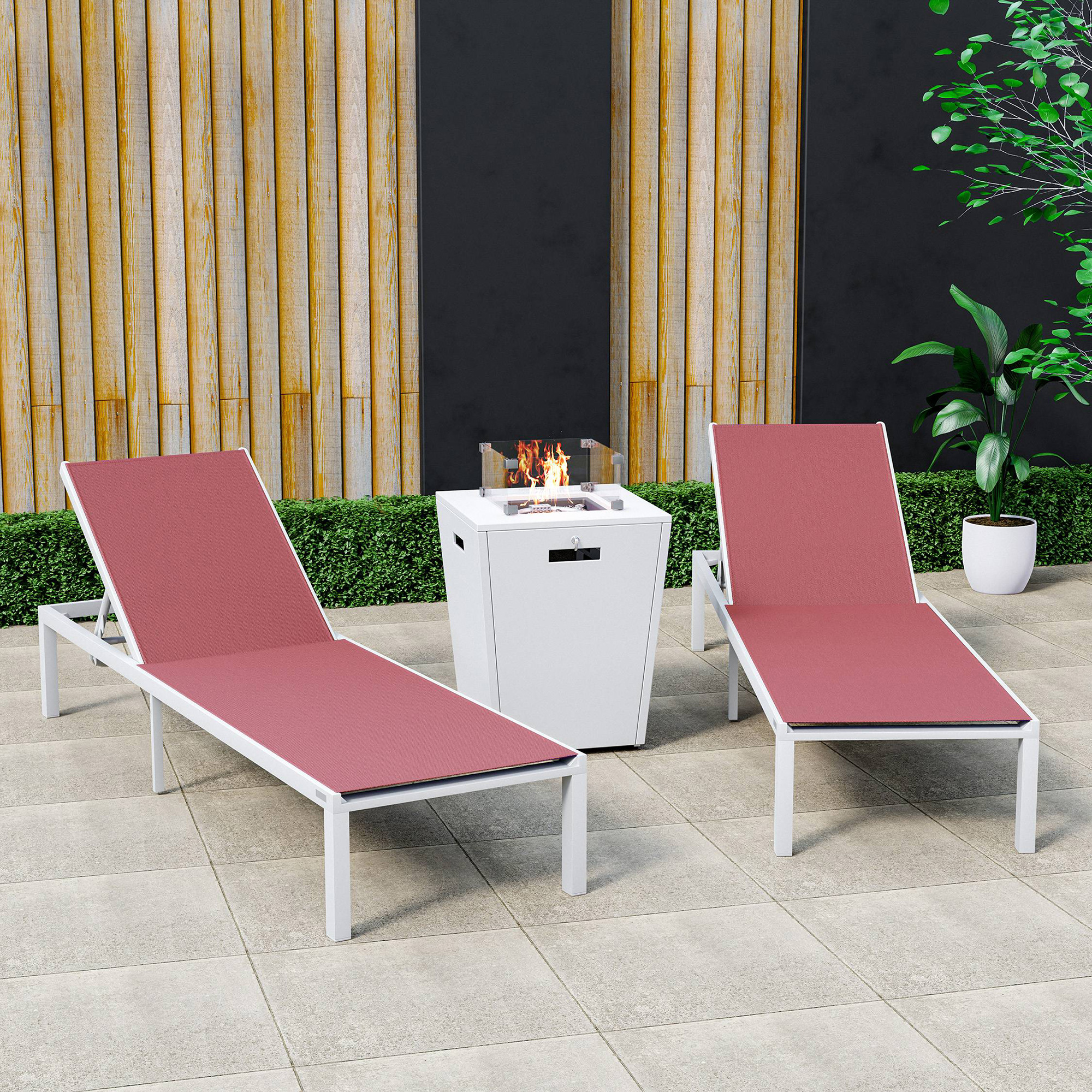 LeisureMod Marlin Modern White Aluminum Outdoor Chaise Lounge Chair With Square Fire Pit Side Table Set of 2 - Burgundy