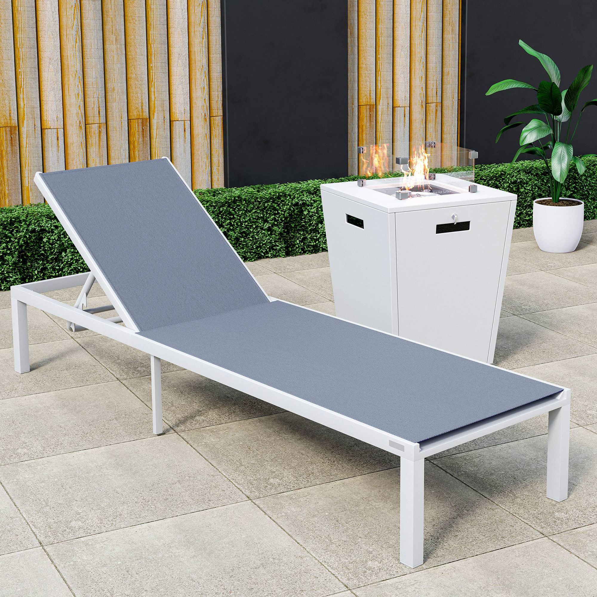 LeisureMod Marlin Modern White Aluminum Outdoor Patio Chaise Lounge Chair with Square Fire Pit Side Table - Dark Gray