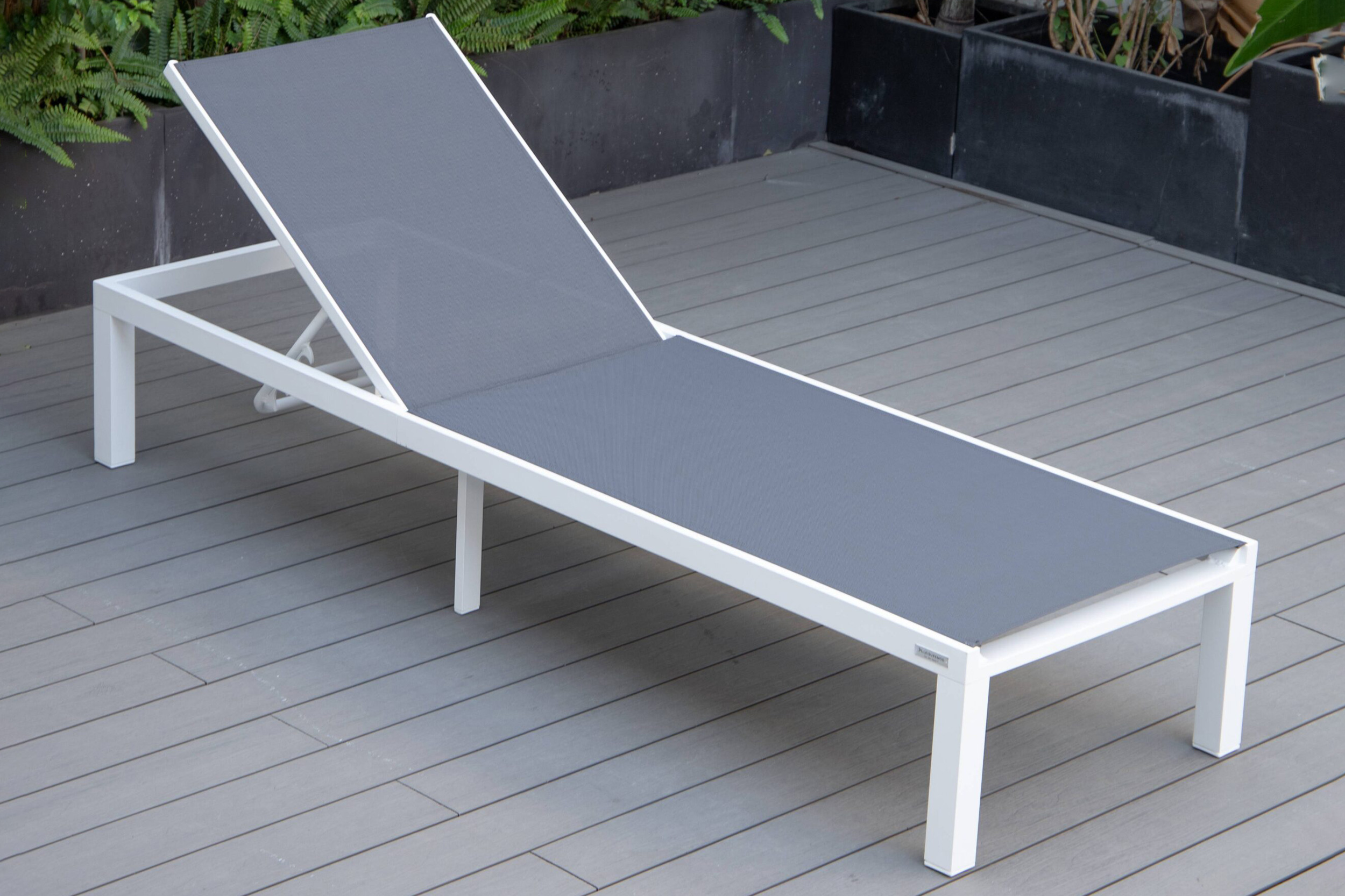 LeisureMod Marlin Modern White Aluminum Outdoor Patio Chaise Lounge Chair with Square Fire Pit Side Table - Dark Gray