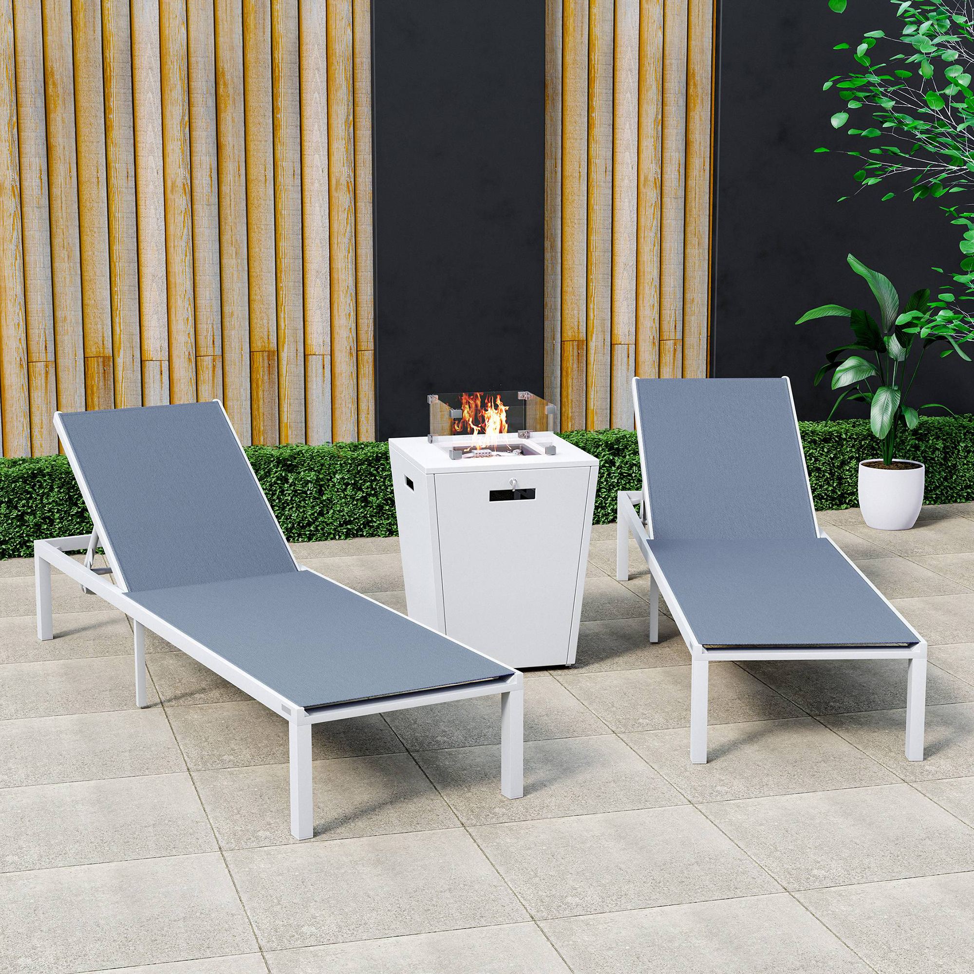 LeisureMod Marlin Modern White Aluminum Outdoor Chaise Lounge Chair With Square Fire Pit Side Table Set of 2 - Dark Gray