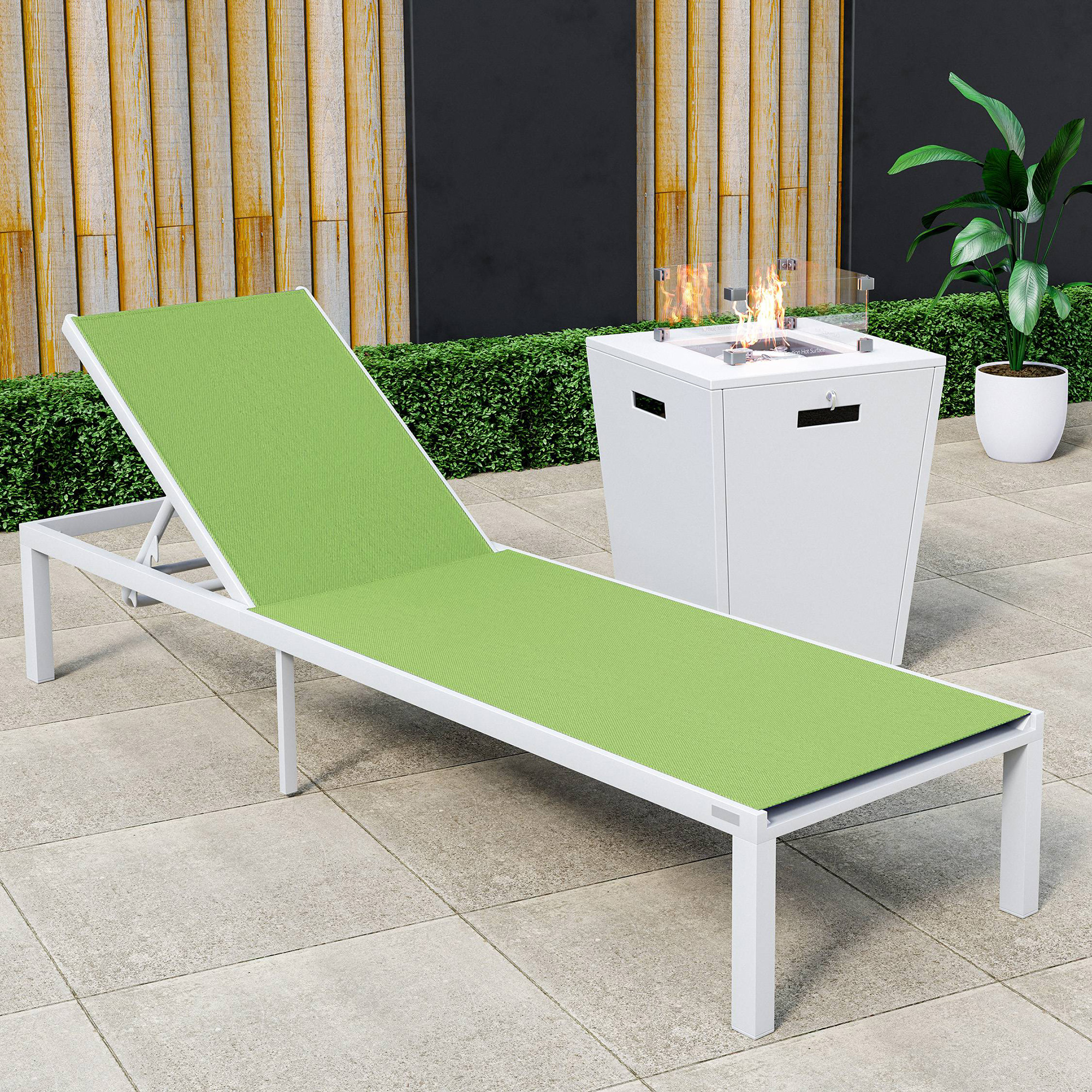 LeisureMod Marlin Modern White Aluminum Outdoor Patio Chaise Lounge Chair with Square Fire Pit Side Table - Green