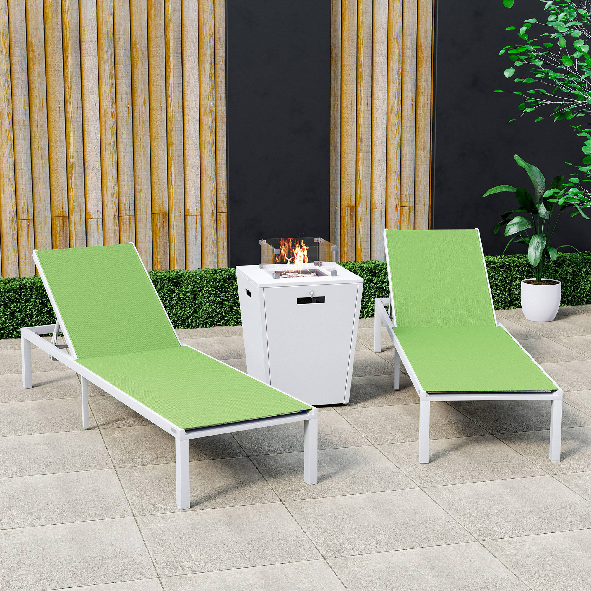 LeisureMod Marlin Modern White Aluminum Outdoor Chaise Lounge Chair With Square Fire Pit Side Table Set of 2 - Green