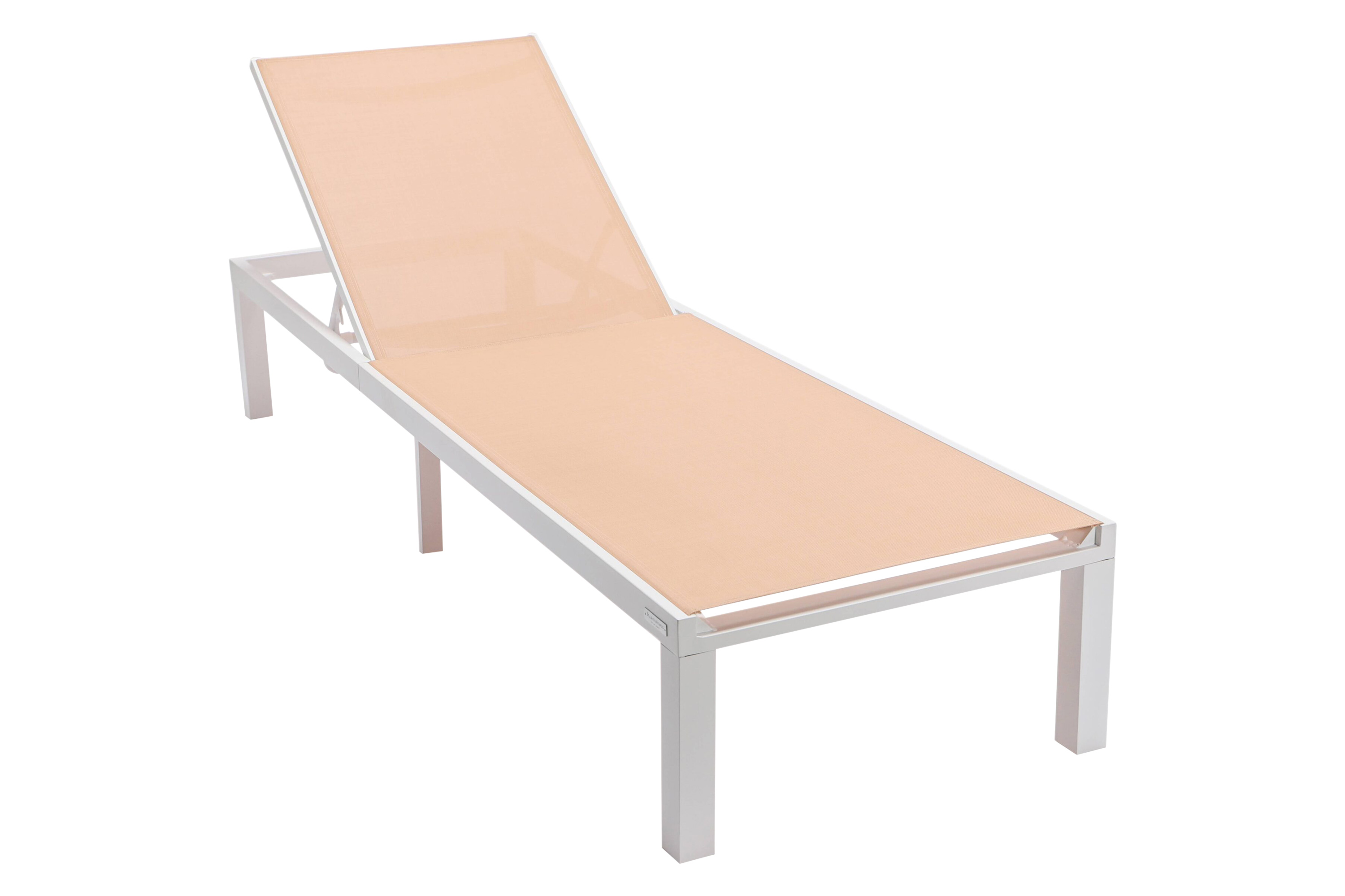 LeisureMod Marlin Modern White Aluminum Outdoor Patio Chaise Lounge Chair with Square Fire Pit Side Table - Light Brown