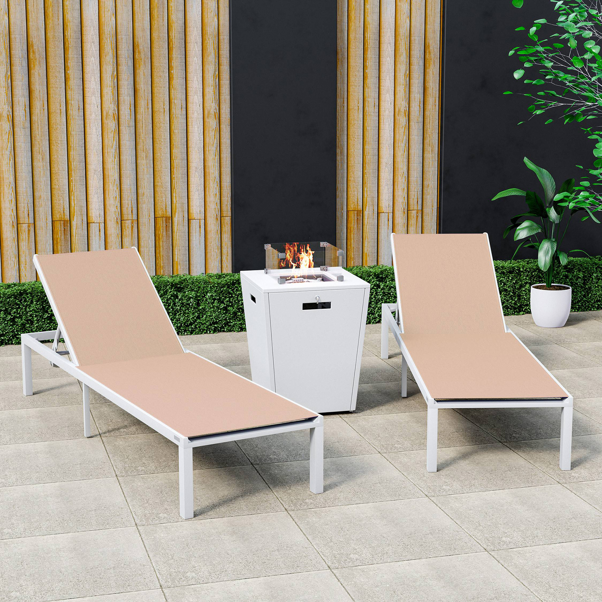 LeisureMod Marlin Modern White Aluminum Outdoor Chaise Lounge Chair With Square Fire Pit Side Table Set of 2 - Light Brown