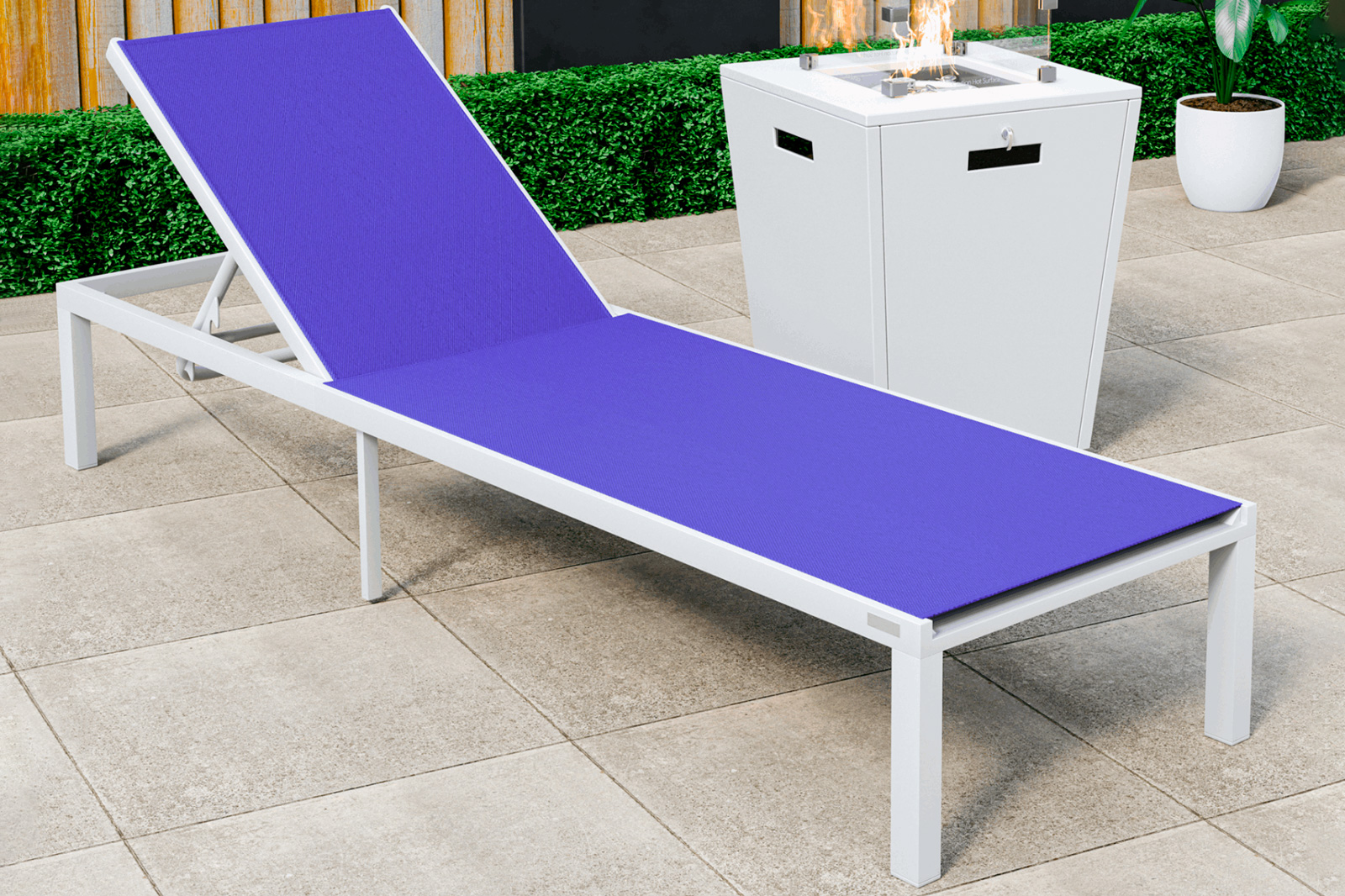 LeisureMod Marlin Modern White Aluminum Outdoor Patio Chaise Lounge Chair with Square Fire Pit Side Table - Navy Blue