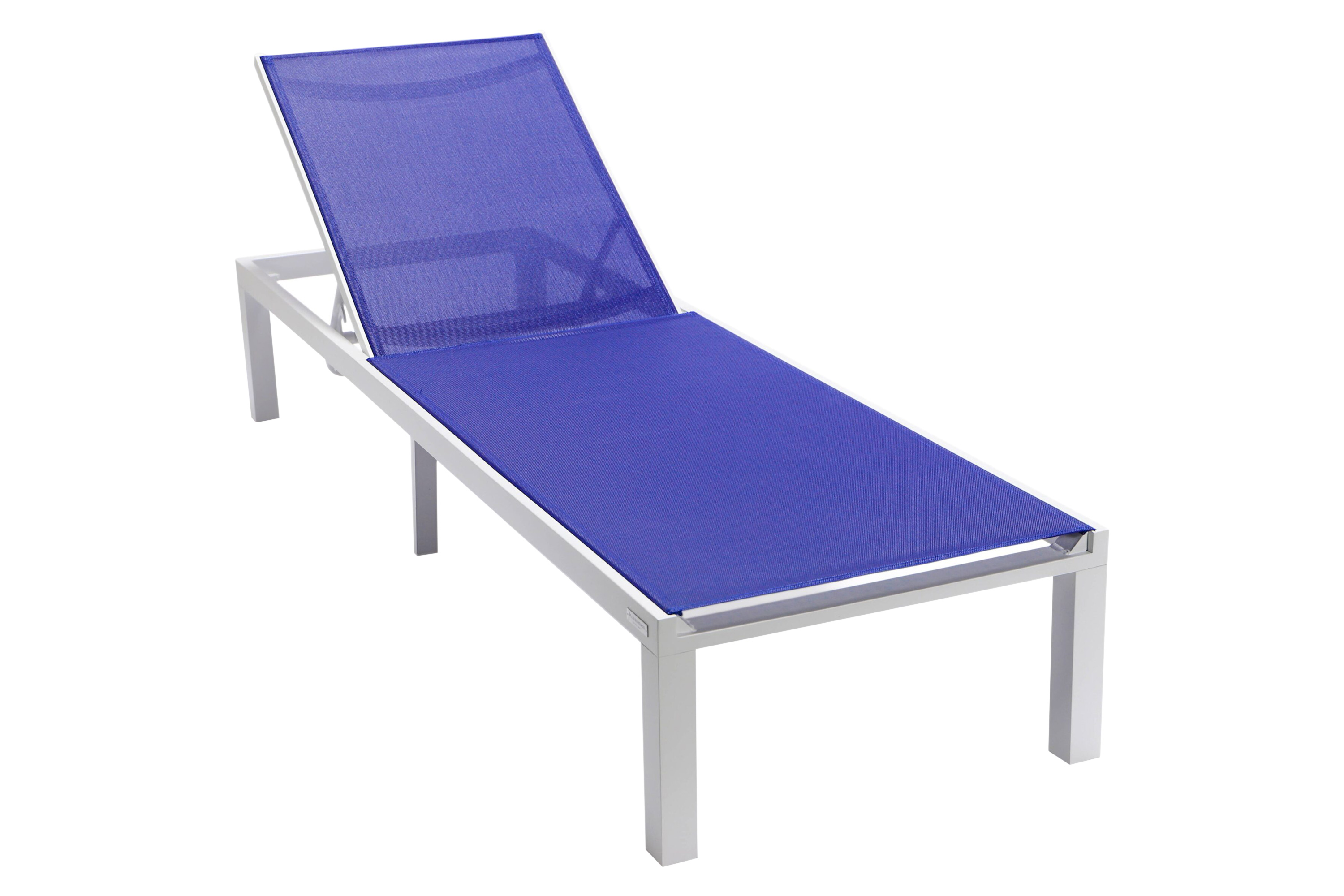 LeisureMod Marlin Modern White Aluminum Outdoor Patio Chaise Lounge Chair with Square Fire Pit Side Table - Navy Blue