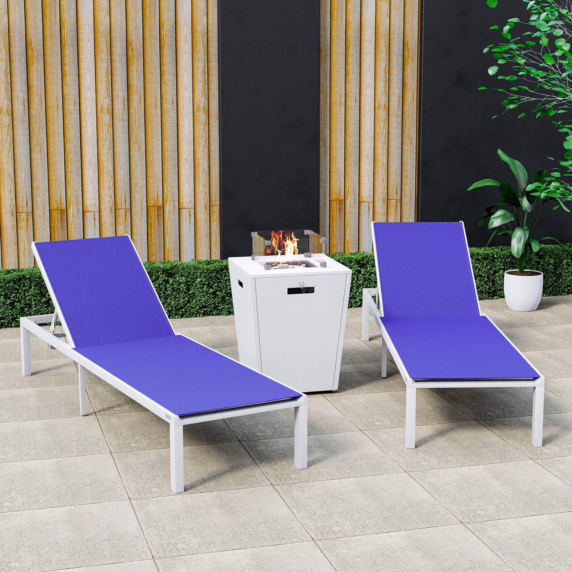 LeisureMod Marlin Modern White Aluminum Outdoor Chaise Lounge Chair With Square Fire Pit Side Table Set of 2 - Navy Blue