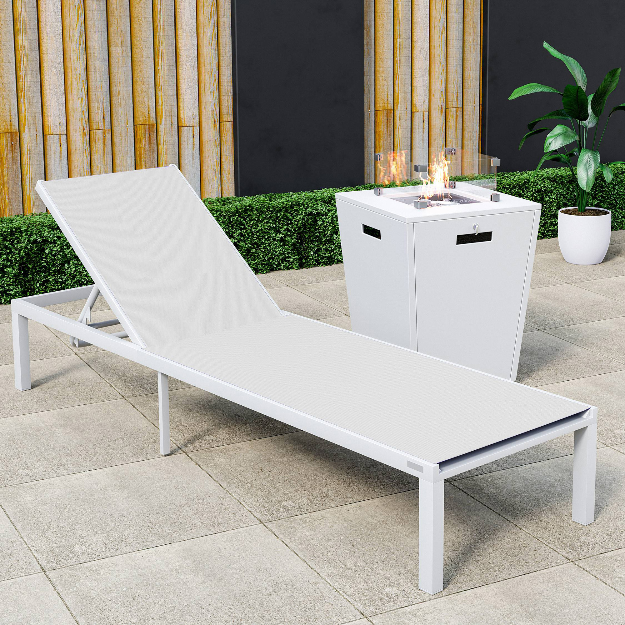 LeisureMod Marlin Modern White Aluminum Outdoor Patio Chaise Lounge Chair with Square Fire Pit Side Table - White