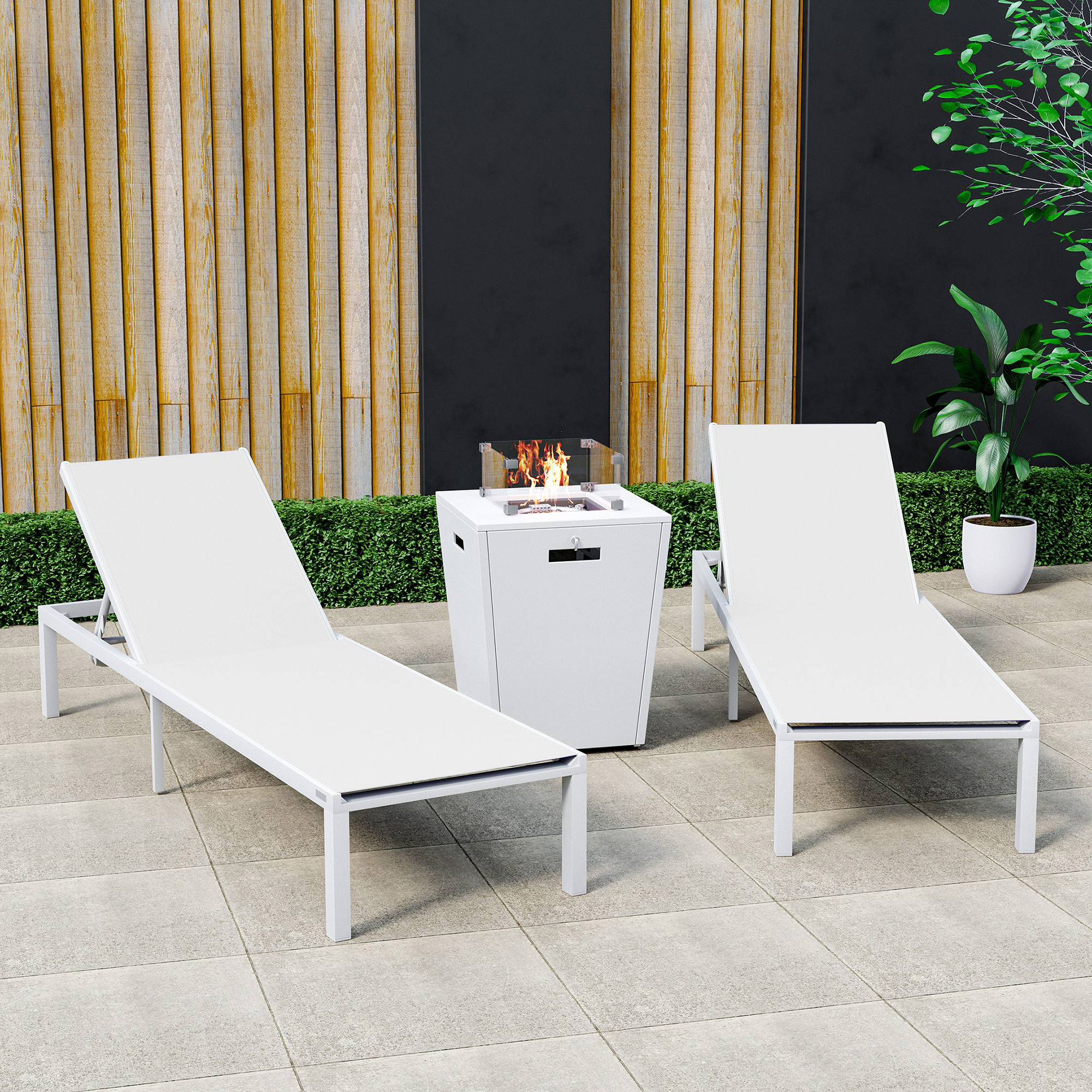 LeisureMod Marlin Modern White Aluminum Outdoor Chaise Lounge Chair With Square Fire Pit Side Table Set of 2 - White