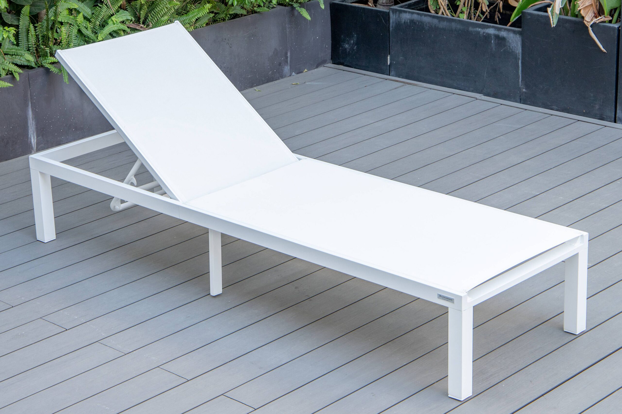 LeisureMod Marlin Modern White Aluminum Outdoor Chaise Lounge Chair With Square Fire Pit Side Table Set of 2 - White