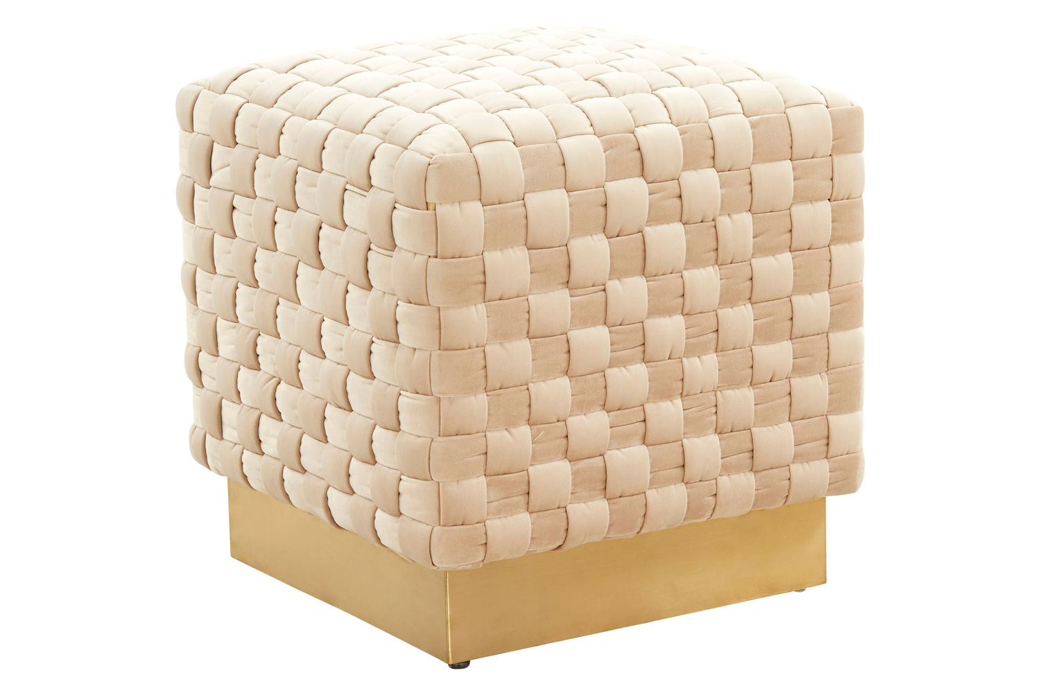 LeisureMod Myrtle 19" Square Weave Design Velvet Ottoman with Gold Base - Beige