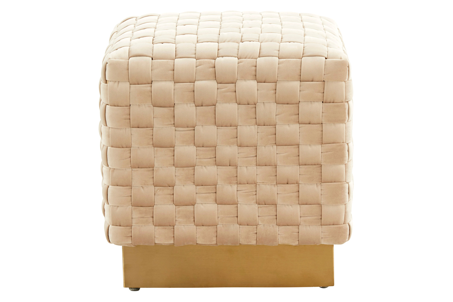 LeisureMod Myrtle 19" Square Weave Design Velvet Ottoman with Gold Base - Beige