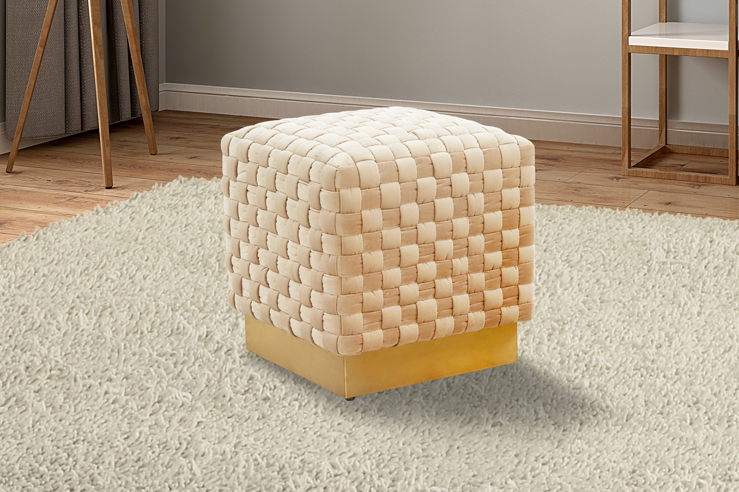 LeisureMod Myrtle 19" Square Weave Design Velvet Ottoman with Gold Base - Beige