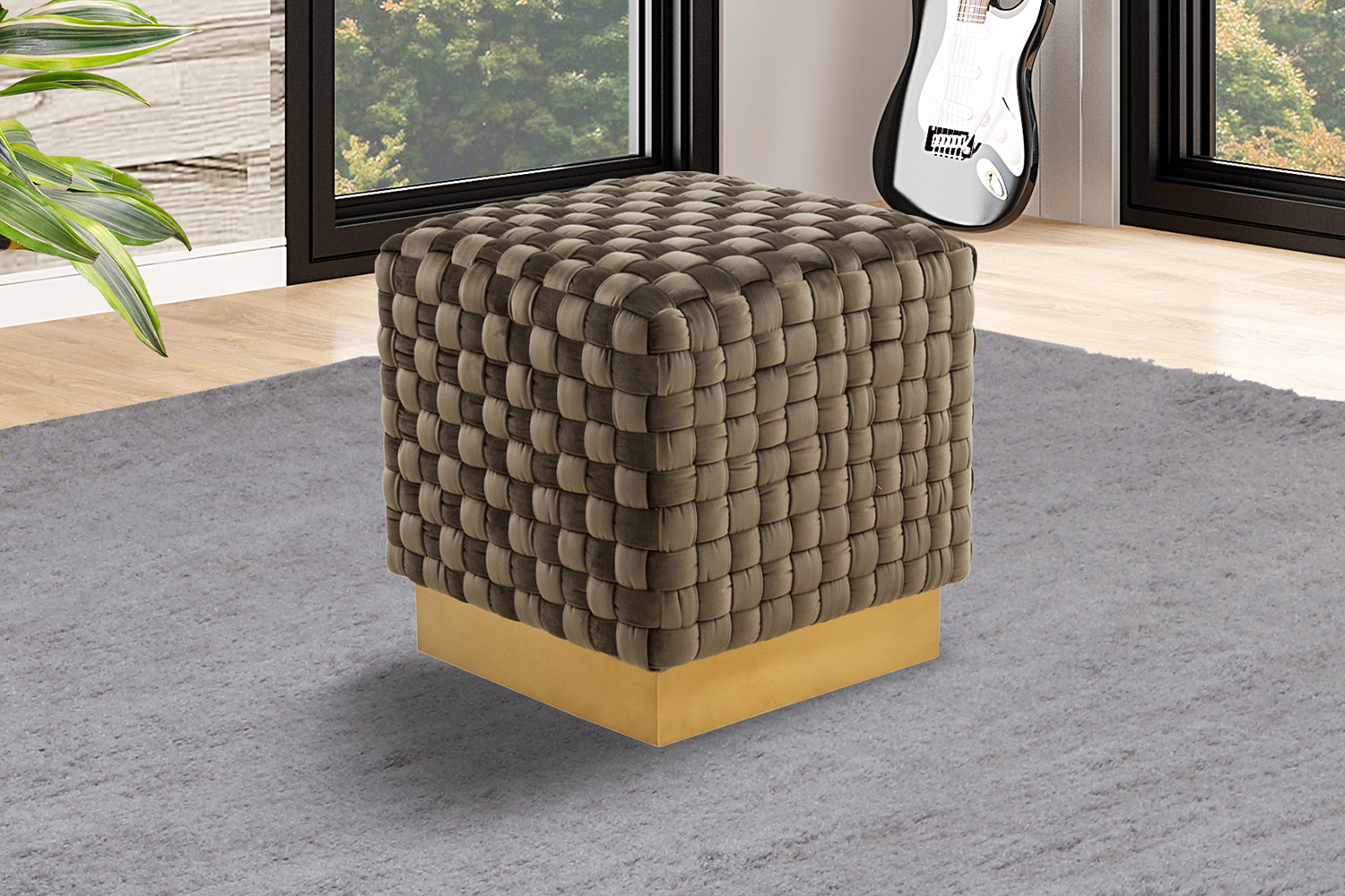 LeisureMod™ Myrtle 19" Square Weave Design Velvet Ottoman with Gold Base - Dark Gray