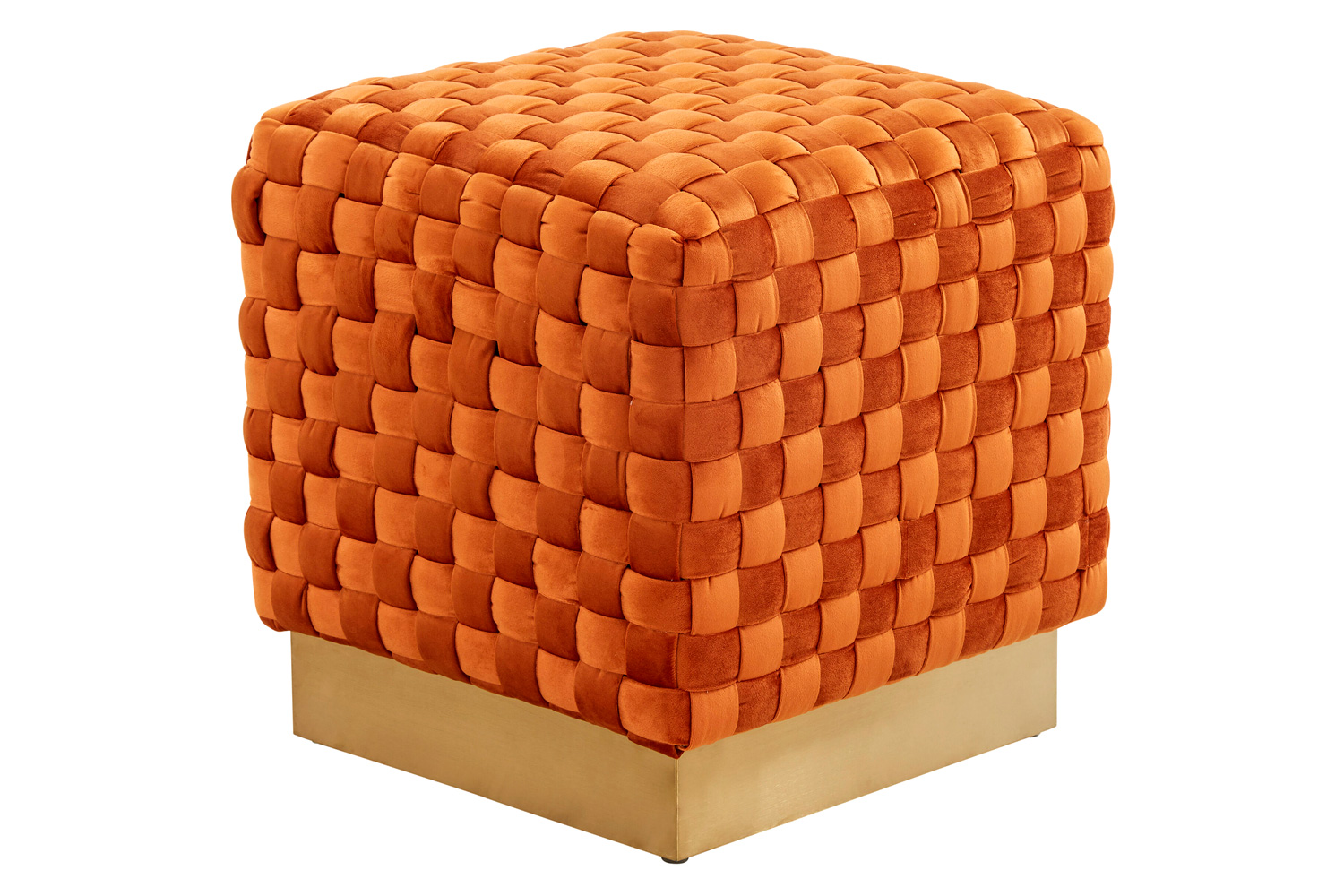 LeisureMod Myrtle 19" Square Weave Design Velvet Ottoman with Gold Base - Orange/Marmalade